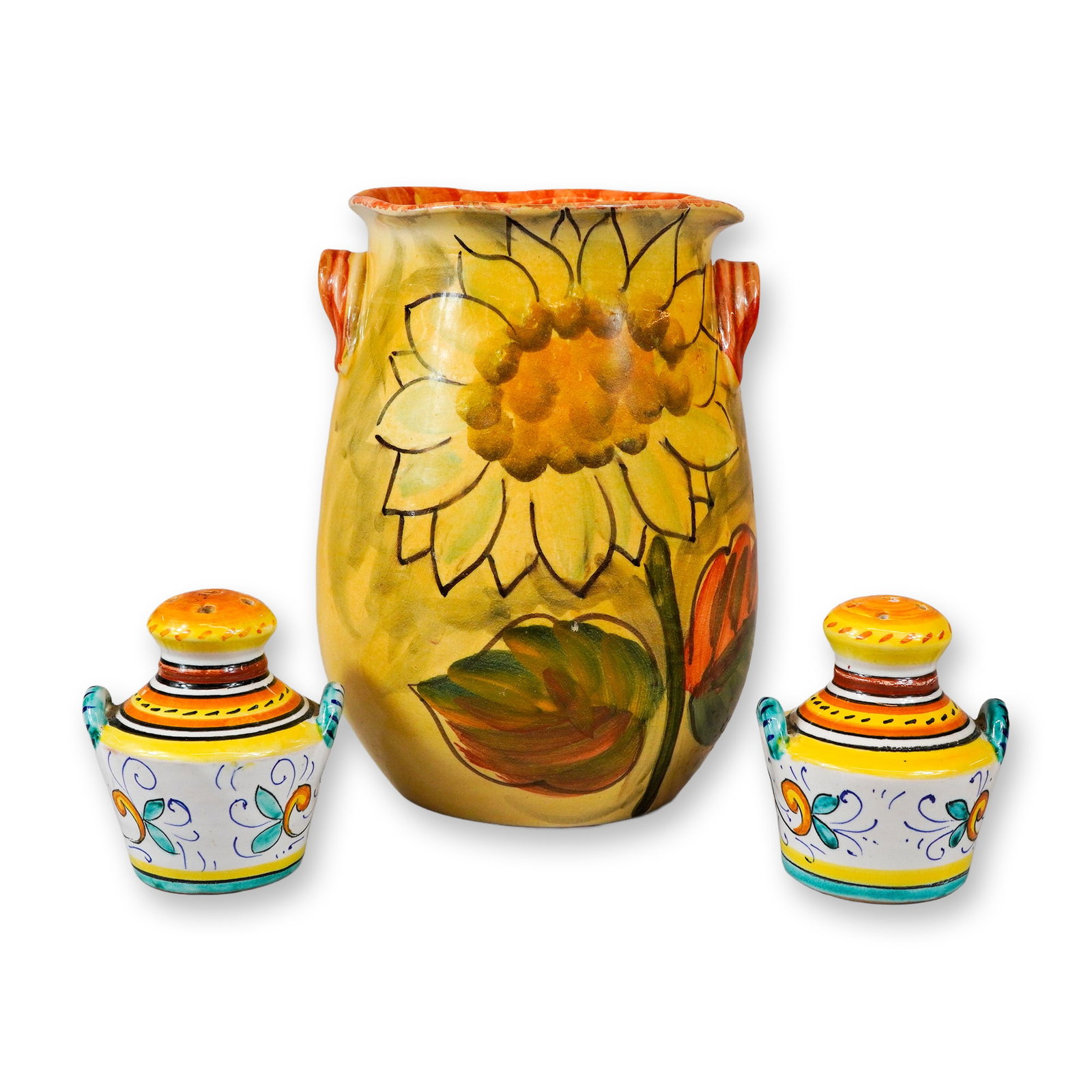 3pc Italica Ars Italian Pottery Items Including Sunflower Vase and Salt and Pepper Shakers (1 of 3)