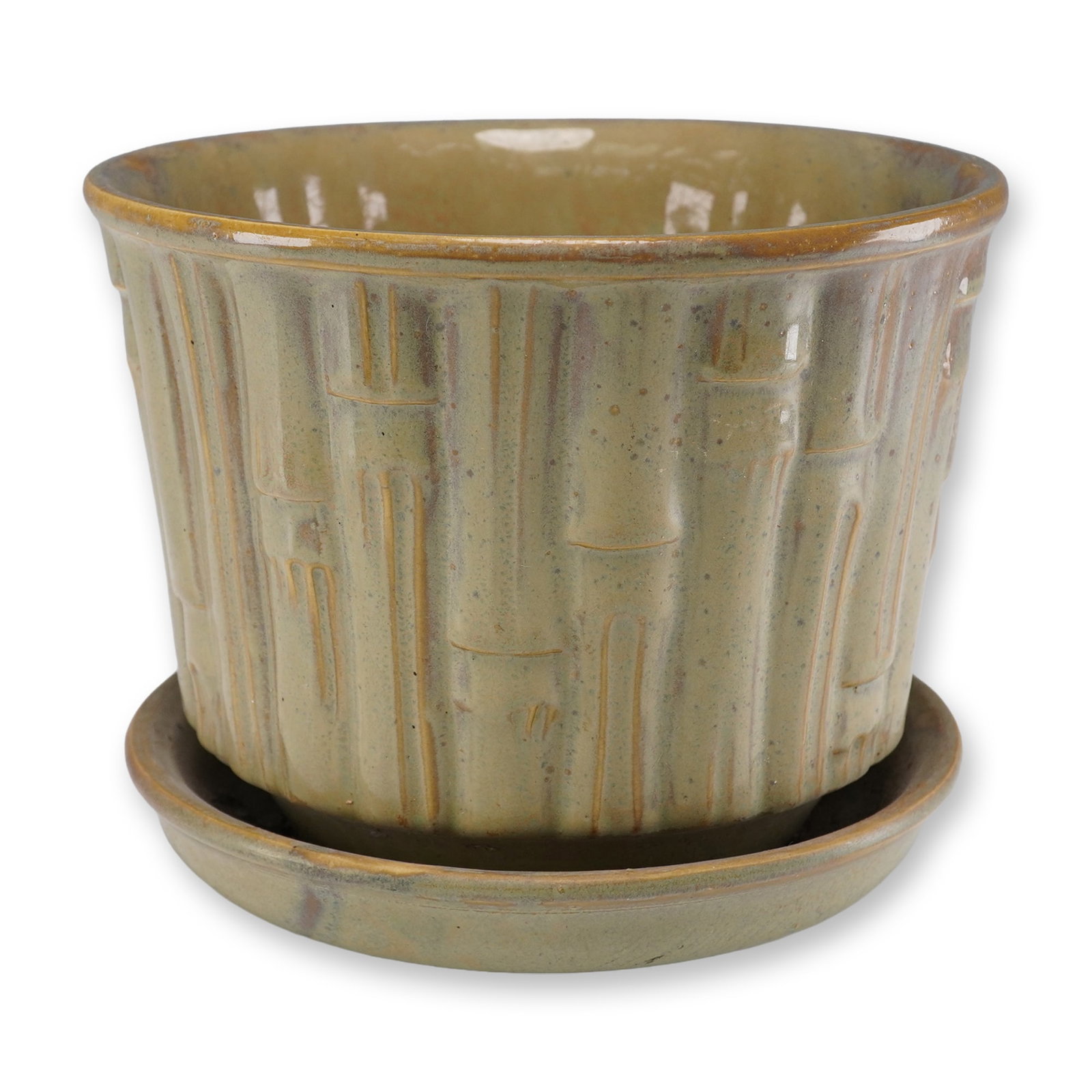 McCoy Pottery Bamboo Planter with Attached Saucer: Vintage McCoy USA pottery planter featuring a bamboo-style ribbed texture and matte speckled glaze in earthy green and brown tones. The saucer is permanently attached. Marked McCoy USA 0375 on the bas