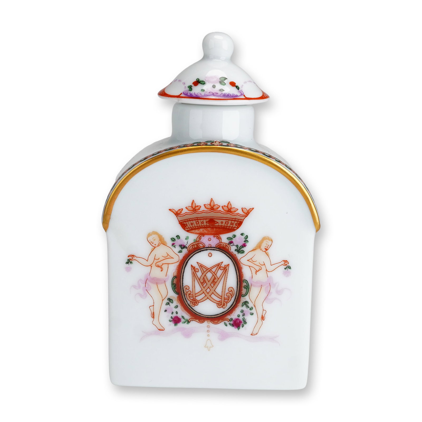 Portuguese Porcelain Armorial Tea Caddy by Oficina de Porcelanas for DGPC: This contemporary porcelain lidded tea caddy is a high-quality reproduction of an 18th-century armorial piece, produced by Oficina de Porcelanas for the Portuguese Direção-Geral do Património Cultu