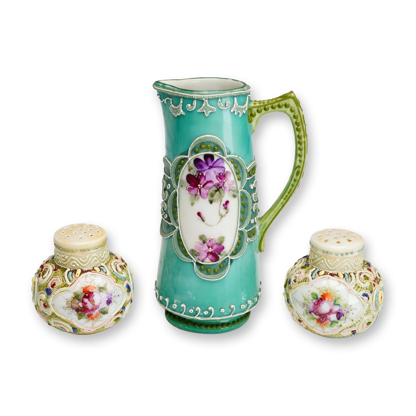 3pc Antique Japanese Nippon Style Moriage Porcelain Pitcher and Shaker Set (1 of 3)