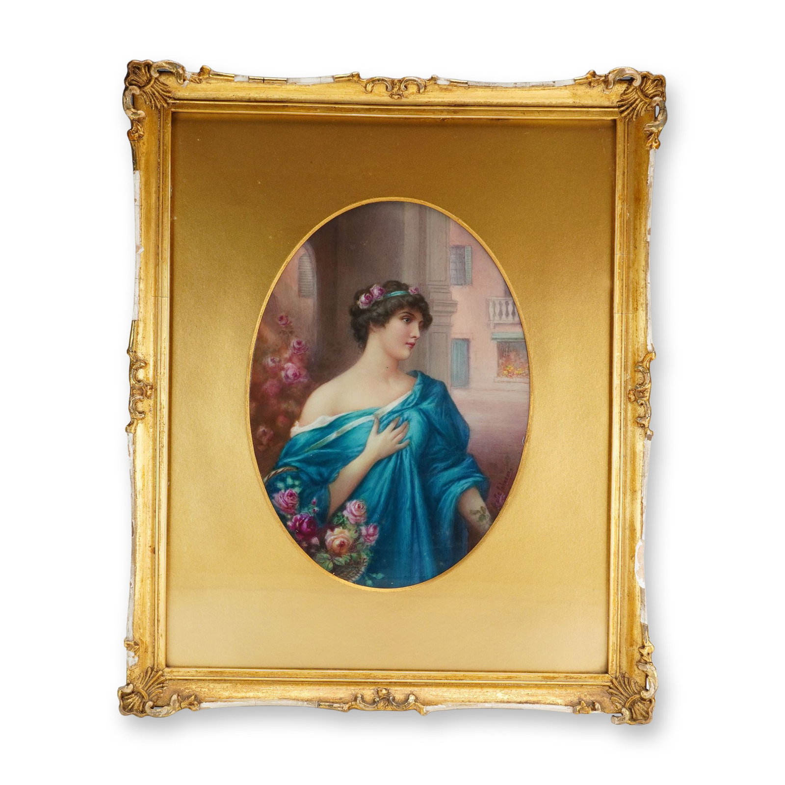Framed Leslie Johnson Hand-Painted Plaque, Portrait of a Young Lady in Blue: This hand-painted porcelain plaque is the work of Leslie Johnson, a prominent artist associated with Royal Doulton. The romanticized portrait is presented in an oval format and depicts a young woman