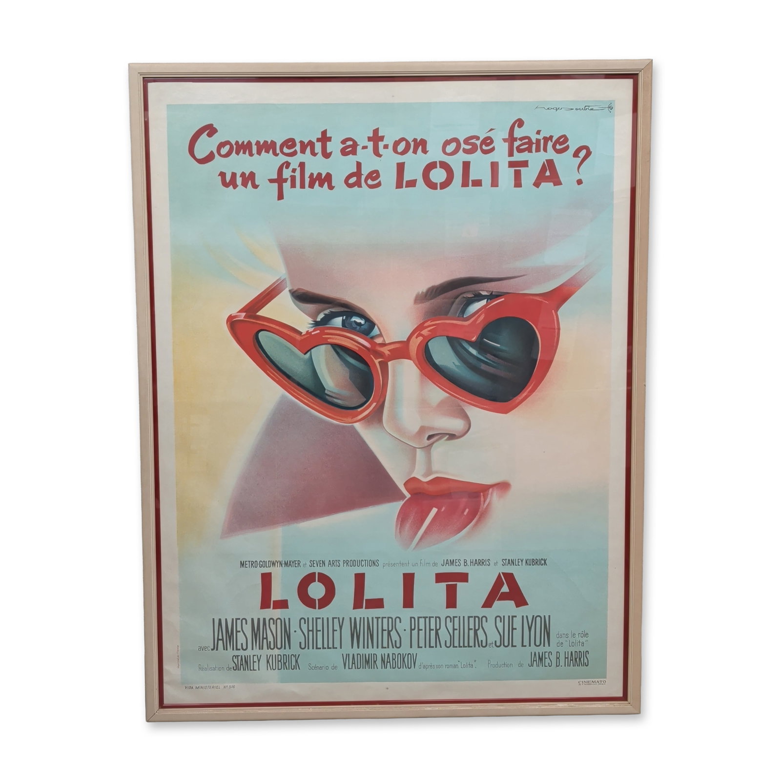 Roger Soubie (French 1898-1984) Original 1962 French Lolita Movie Poster: Original French theatrical movie poster for the 1962 film Lolita, directed by Stanley Kubrick. The poster features artwork by Roger Soubie, depicting a stylized close-up of actress Sue Lyon wearing he