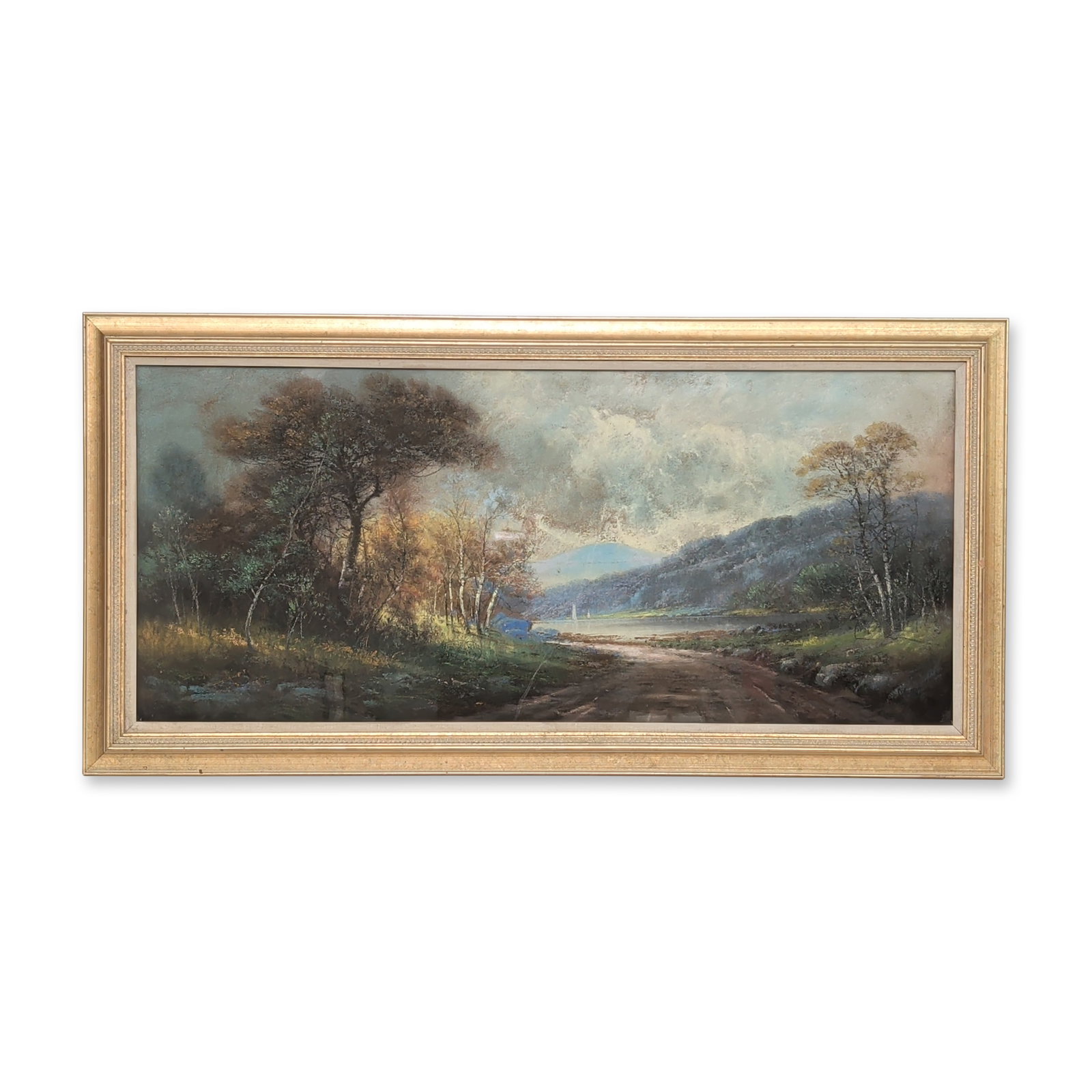 William Henry Chandler (American, 1854–1928), Panoramic Lakeside Landscape with Sailboats: Late 19th or early 20th century Tonalist style panoramic landscape. Pastel on board depicting a serene lakeside scene with two small sailboats against a backdrop of distant blue mountains. The composi