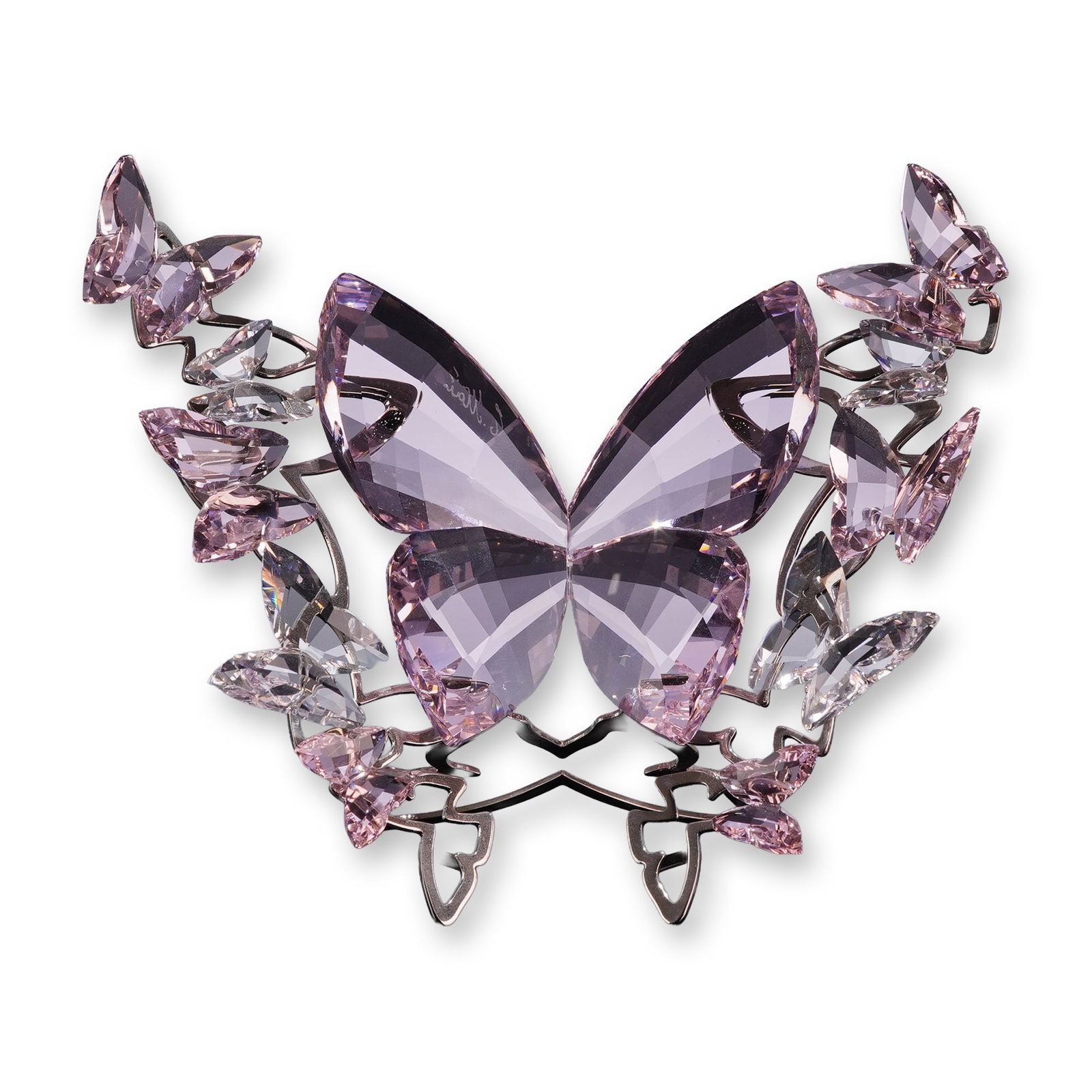 Swarovski Crystal Brilliant Butterfly, Rosaline Large: The sculpture features a large central Rosaline pink faceted crystal butterfly set on a silver-toned metal branch-like frame. The frame is embellished with multiple smaller faceted clear and light pin