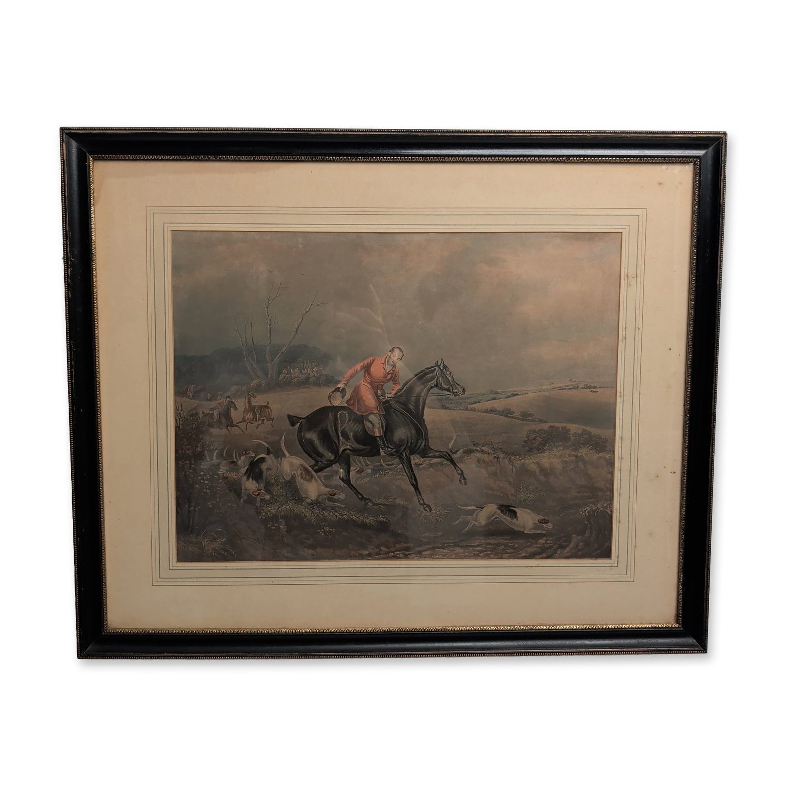 Francis C. Turner, "Fox Hunting Scene": Francis Calcraft Turner (British, c. 1782-1846), "Fox Hunting Scene," hand-colored aquatint engraving on paper. The composition depicts a hunter in a scarlet coat mounted on a galloping dark bay horse