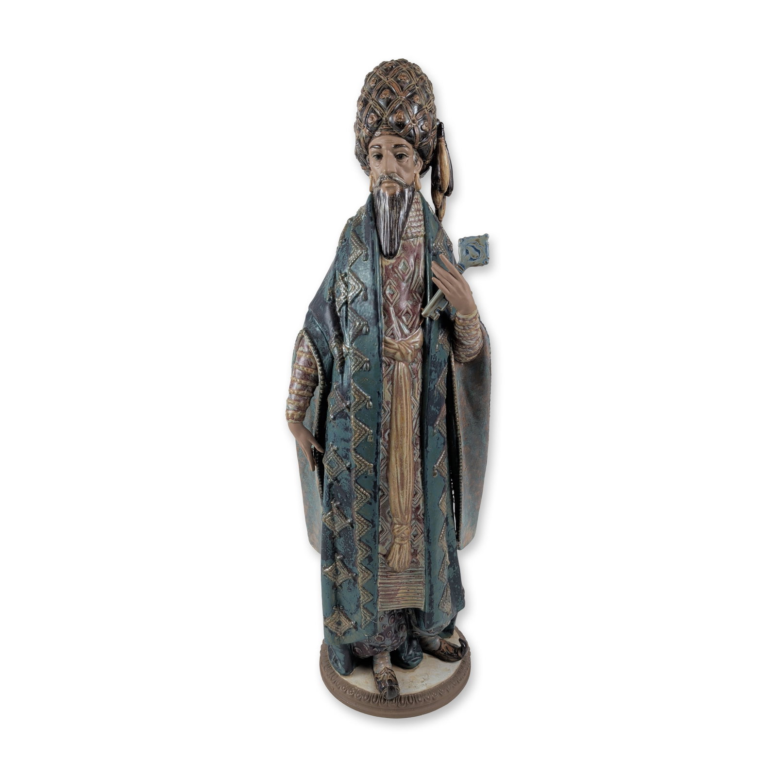 Lladro Legendary Joseph Gres Porcelain Figurine: Lladro, Spain. Large gres porcelain figurine titled Mystical Joseph, model number 2.135. The sculpture depicts a bearded male figure in ornate traditional robes and a patterned turban, holding a cerem