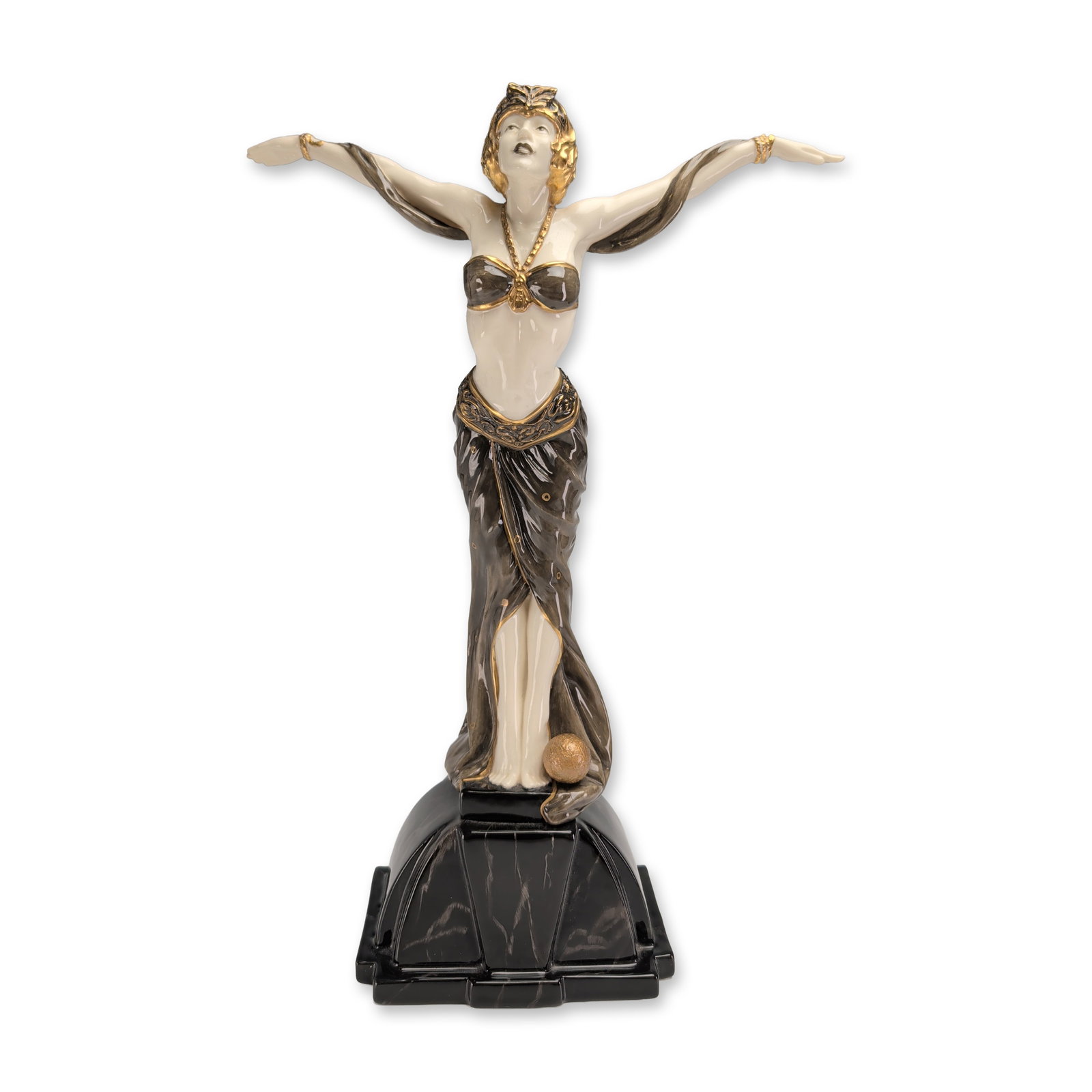 Royal Doulton Art Deco Bone China Figurine, Optimism HN4165: Limited edition. Modeled by Timothy Potts. The hand-decorated bone china figure depicts a woman with outstretched arms in a stylized Art Deco pose, wearing a metallic charcoal-toned draped skirt and t