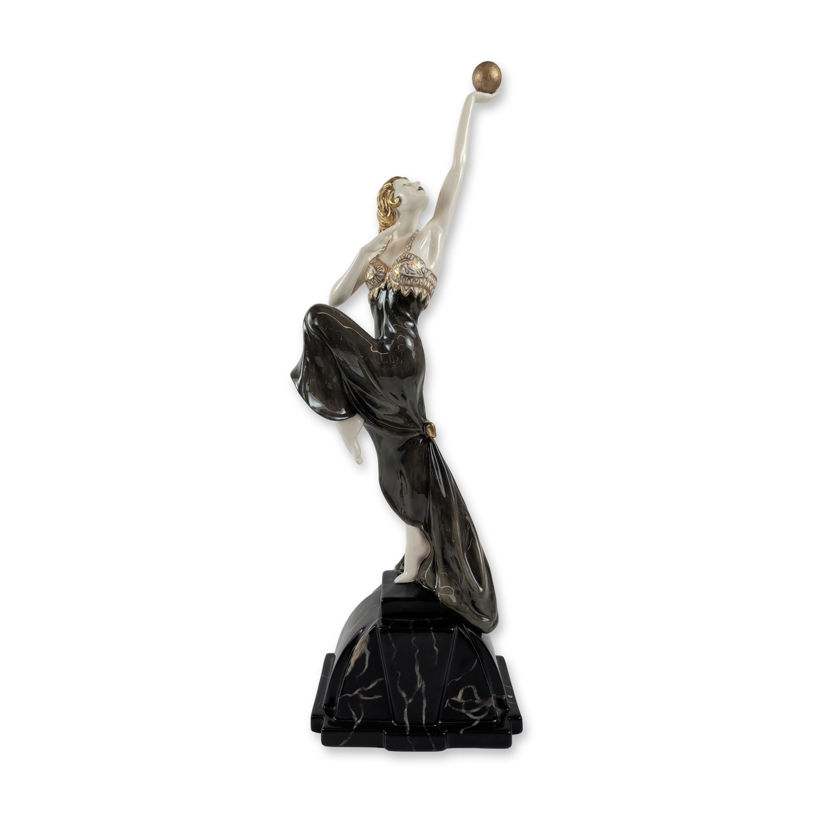 Royal Doulton Bone China Art Deco Figurine, Destiny HN4164: From the Art Deco collection. Designed by Timothy Potts. The hand decorated piece depicts a stylized female figure in an elongated pose holding a gilded sphere aloft, featuring flowing grey and black 
