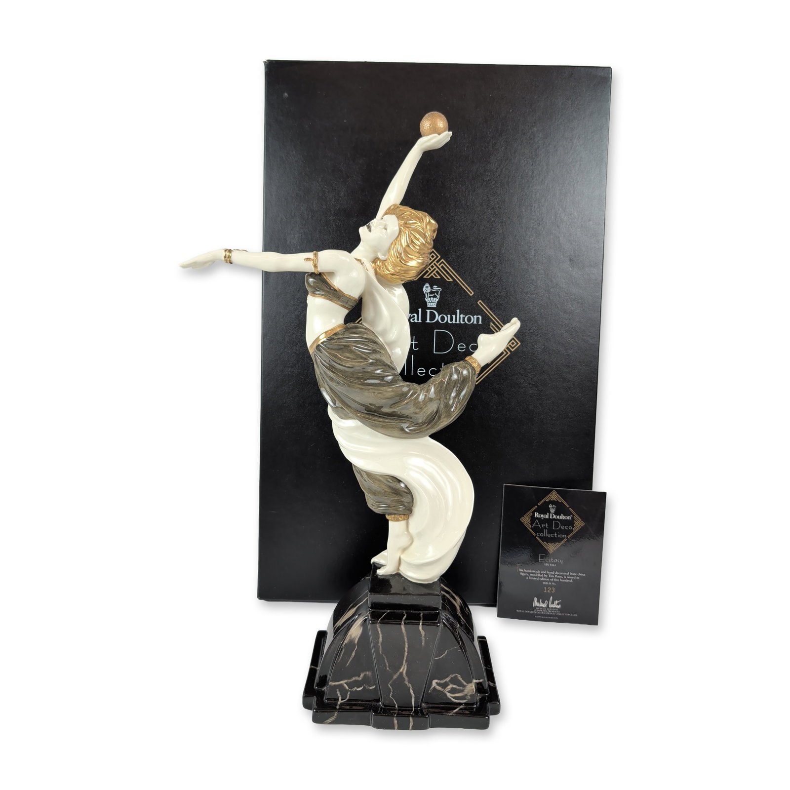 Royal Doulton Ecstasy Art Deco Collection Limited Edition Figurine England: Handmade in Staffordshire, England, this rare bone china figurine (model HN 4163) was designed by modeler Timothy Potts as part of the exclusive Art Deco Collection. The dynamic composition depicts a 