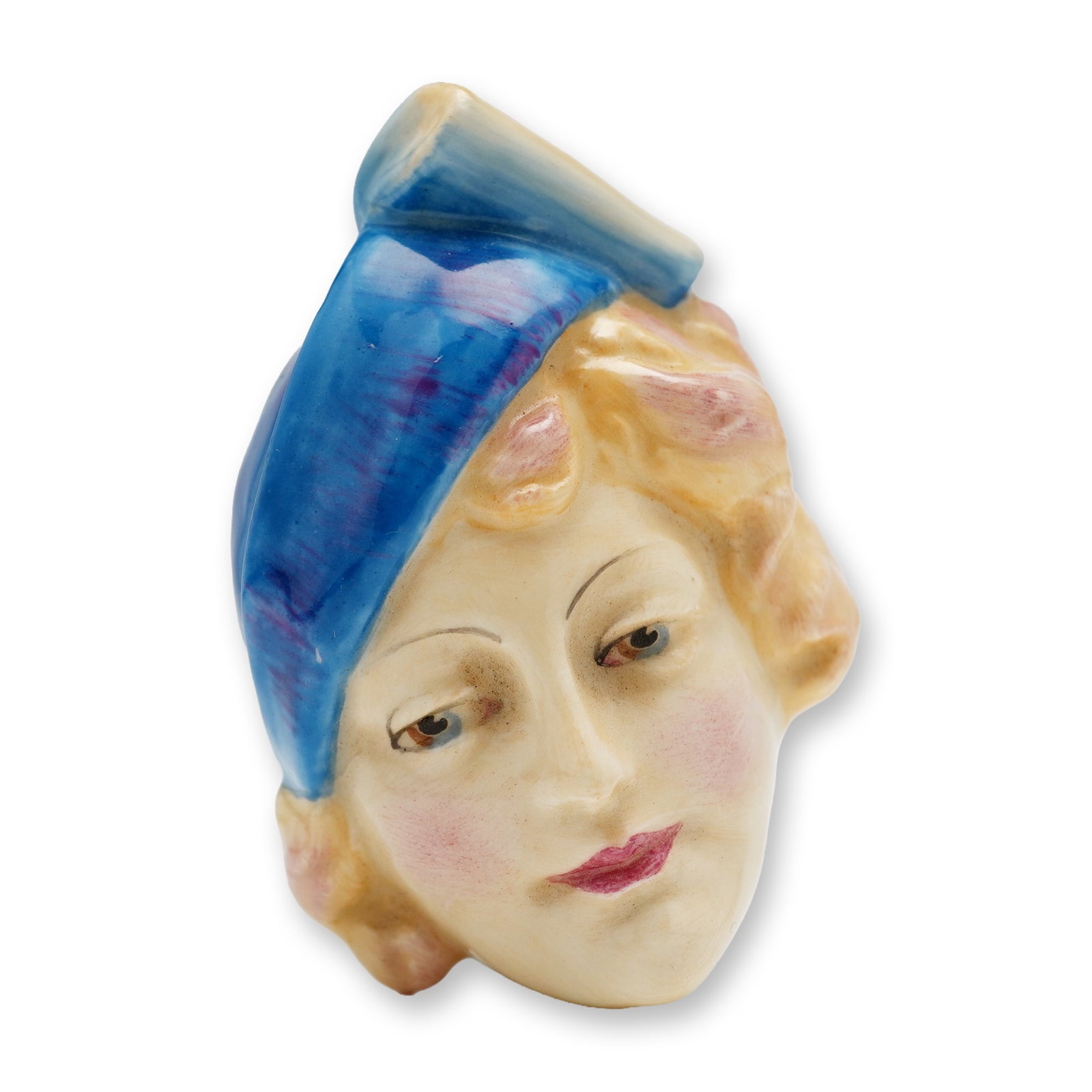 Royal Doulton Porcelain Wall Masks, Lady in Stylish Hat HN1614: Hand painted, flesh color face, blond hair and blue hat. Royal Doulton backstamp. Dimensions: 2"W x 2.75"H x 1"H Manufacturer or Brand: Royal Doulton Country of Origin: England Weight: 20 grams