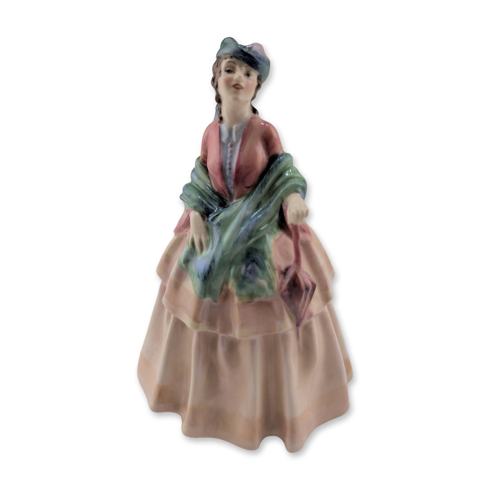 Royal Doulton Porcelain Figurine, Anthea HN1669, Very Rare Version: The polychrome glazed figure depicts a lady in period attire, featuring a tiered gown in shades of pale pink and tan, a draped shawl in green and blue tones, and a matching blue hat. She is modeled in