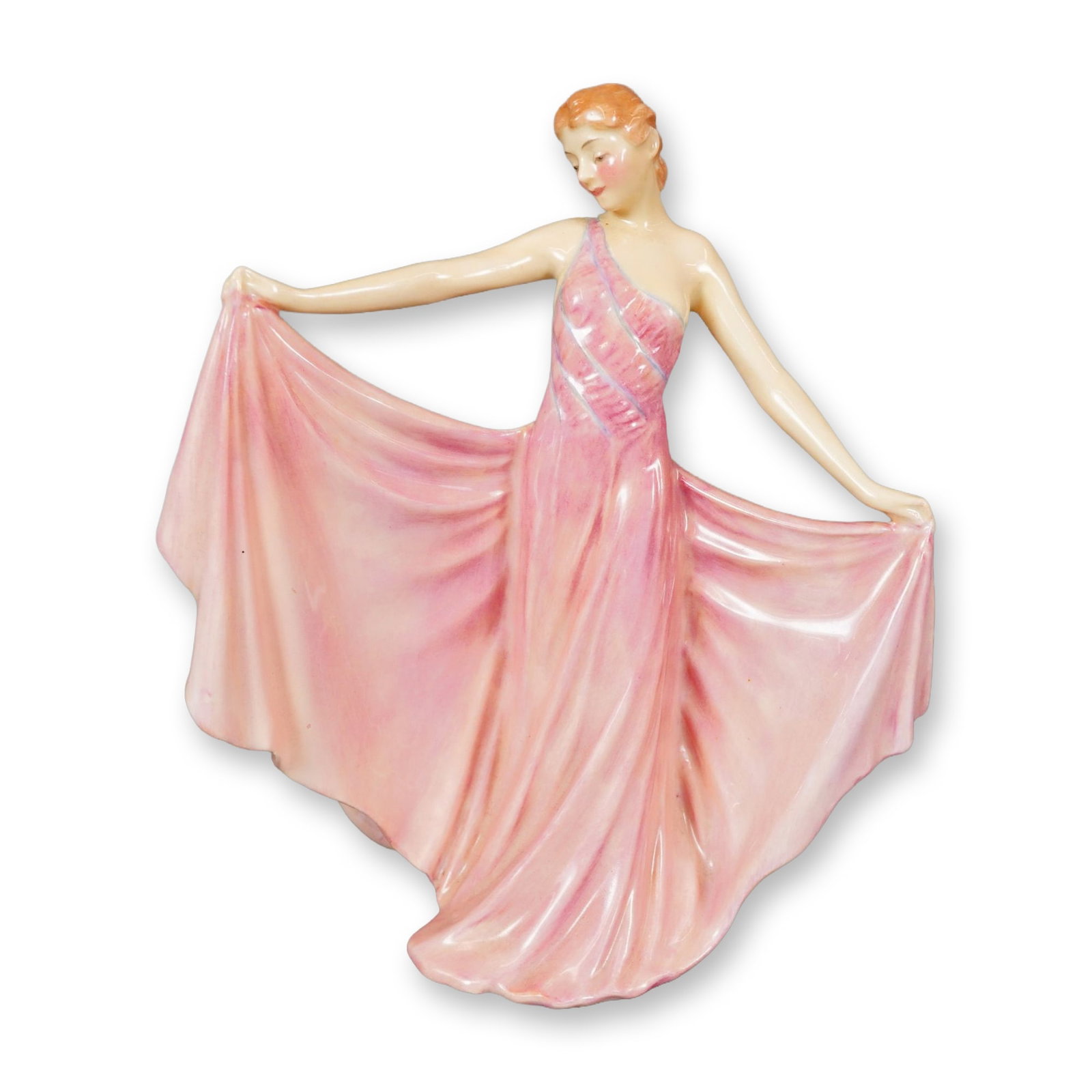 Royal Doulton Bone China Figurine, Rhythm HN1903: Part of the Harradine Classics. Designed by Leslie Harradine. In a pink color palette, this figure depicts a woman in an evening gown with her arms extended, holding the sides of her skirt as she turn