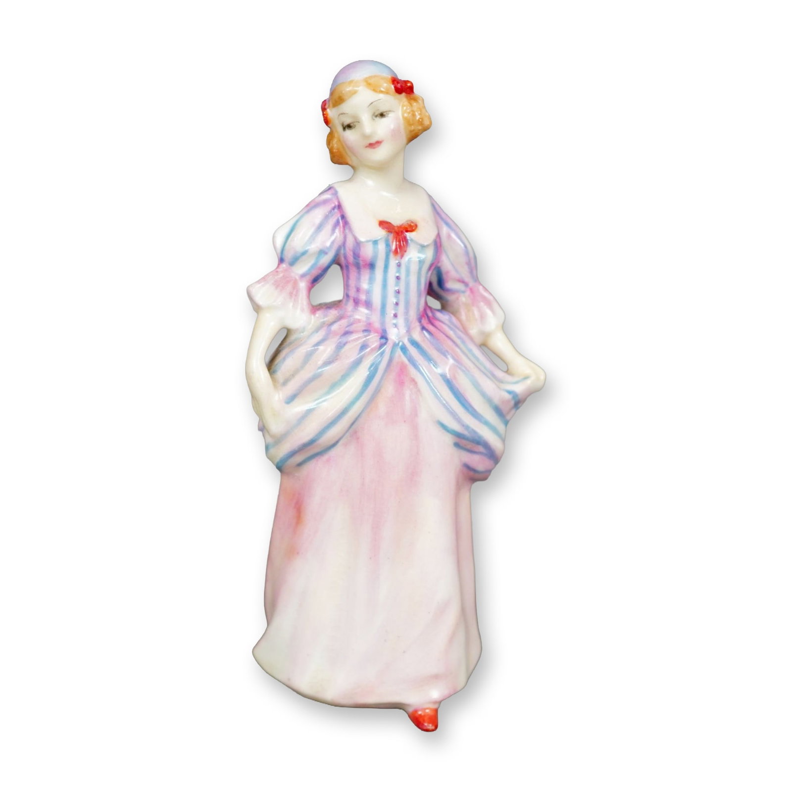 Royal Doulton Figurine, Denise M35: Glossy figure of a woman in a blue and pink striped dress. Royal Doulton backstamp. Dimensions: 2.25"L x 2"W x 4.25"H Manufacturer or Brand: Royal Doulton Country of Origin: England Weight: 70 grams