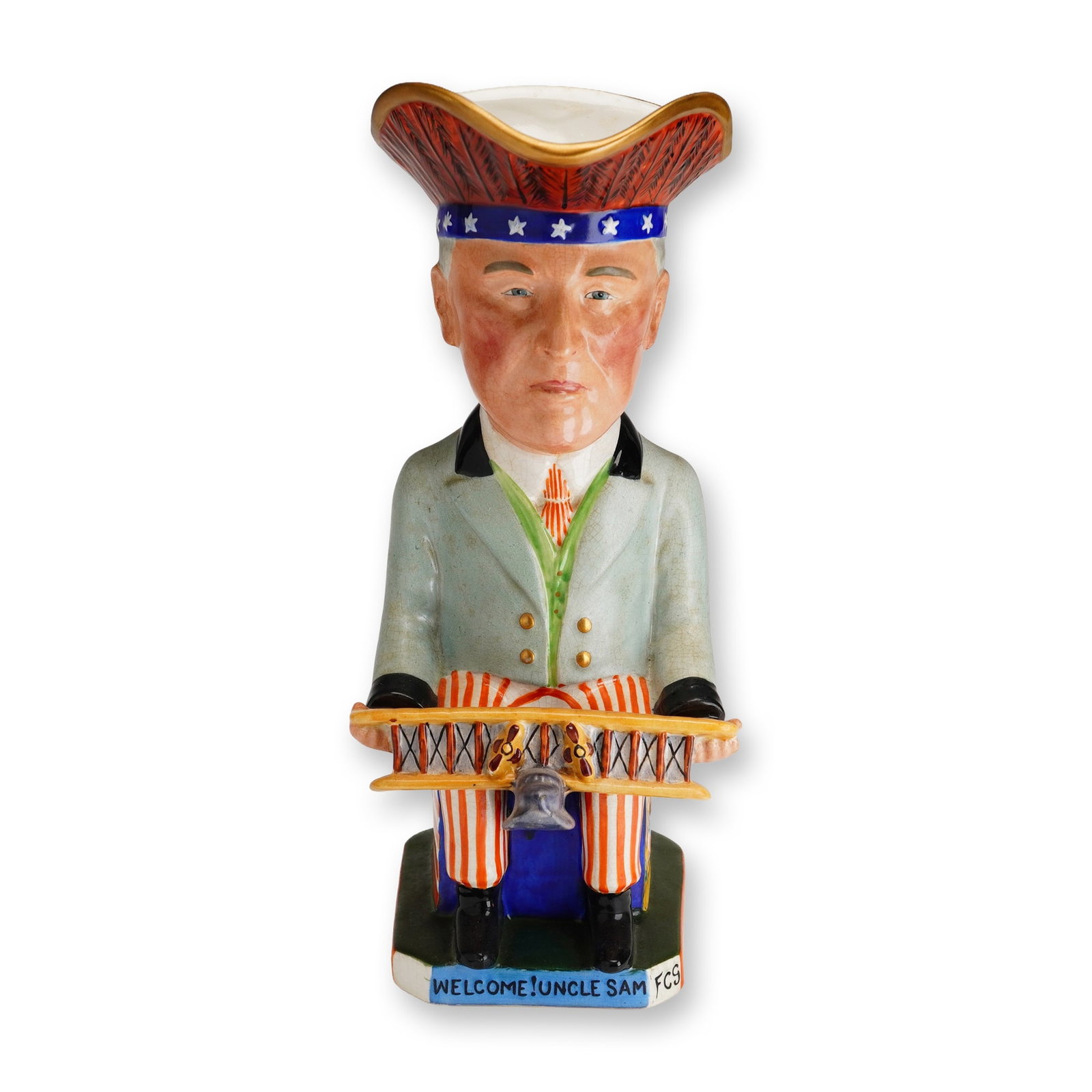 Royal Staffordshire Wilkinson Toby Jug, President Woodrow Wilson: Designed by Gould, the renowned caricaturist and political cartoonist, this piece is one of a series of eleven Wilkinson Toby jugs portraying Allied leaders from World War I. The jug specifically repr