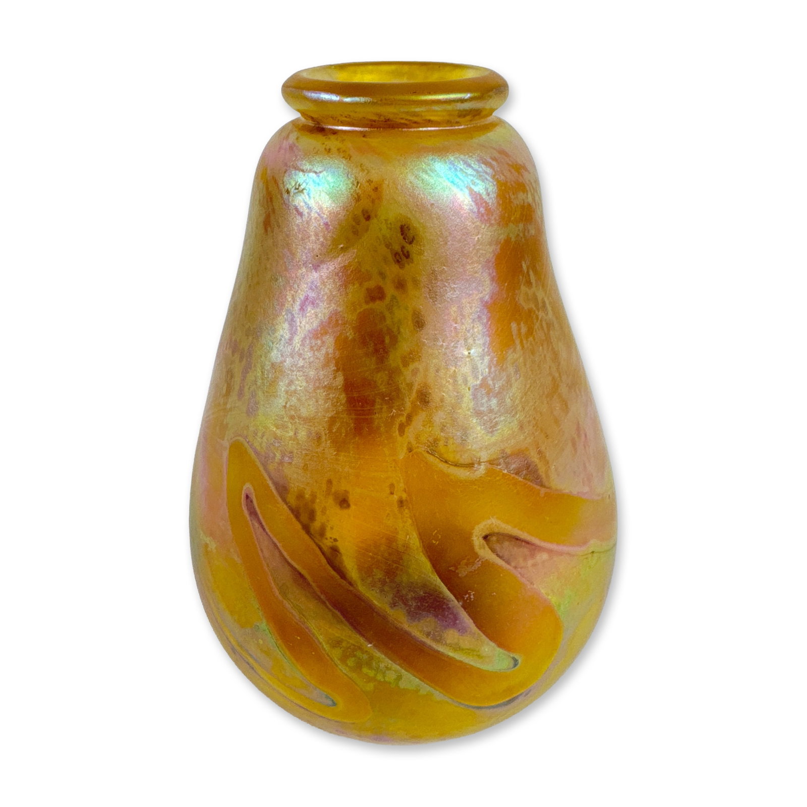 Robert Eickholt Iridescent Art Glass Vase: Robert Eickholt iridescent art glass vase featuring a textured, pitted amber surface with iridescent pink, blue, and violet luster. The pear-shaped body is accented with applied trailing glass lines a