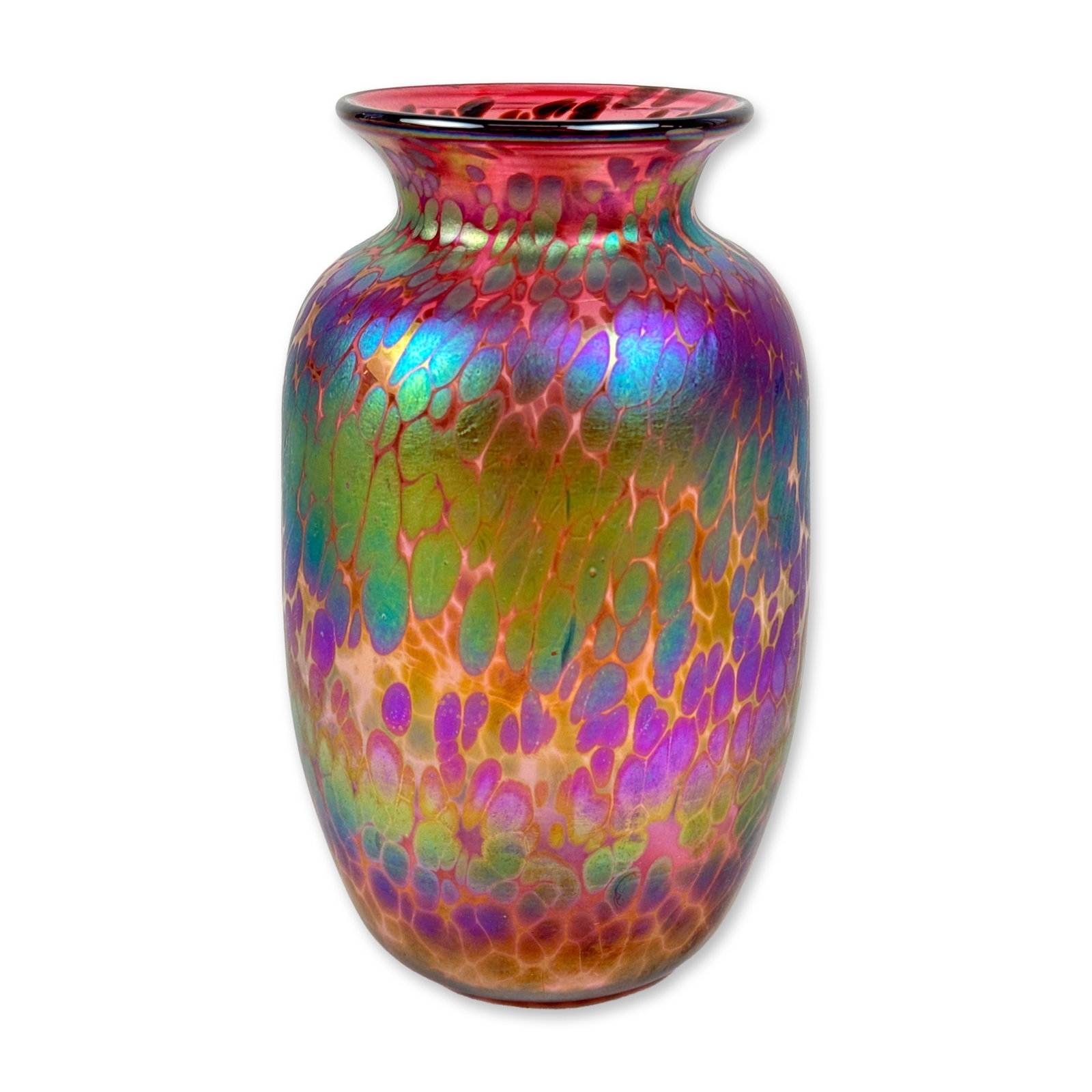 Steven Bradshaw Iridescent Art Glass Vase: Art glass vase in ruby pink glass featuring an iridescent oil spot surface with metallic tones of emerald green, violet, and electric blue. The hand-blown vessel has an ovoid body tapering to a short,