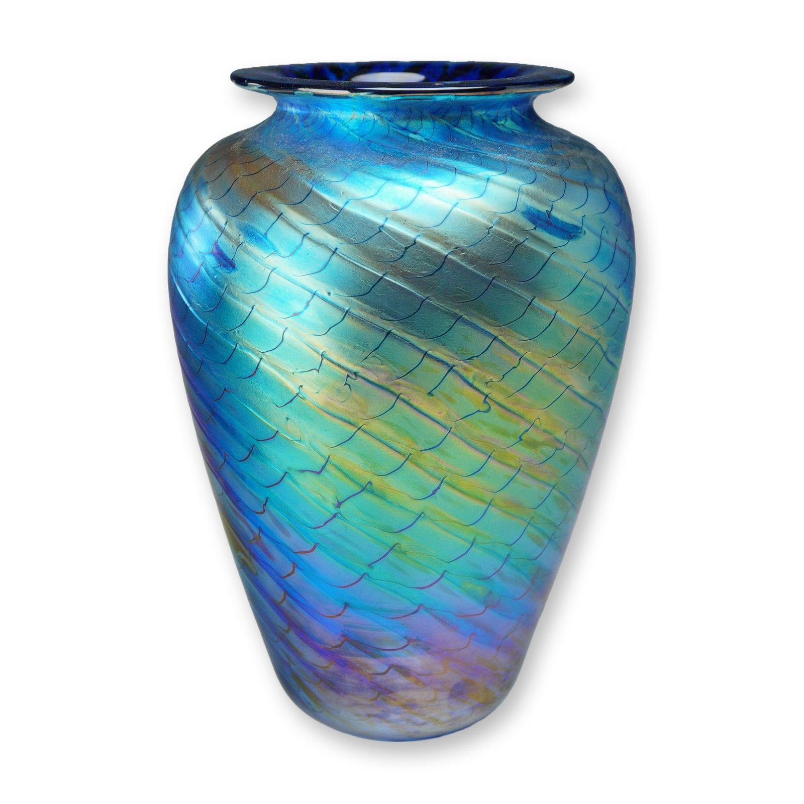 Thomas A. Philabaum Reptilian Series Iridescent Art Glass Vase: A hand-blown iridescent art glass vase from the Reptilian Series by artist Thomas A. Philabaum. The object features a tapered ovoid body with a short, flared rim and a finished, ground pontil mark at 