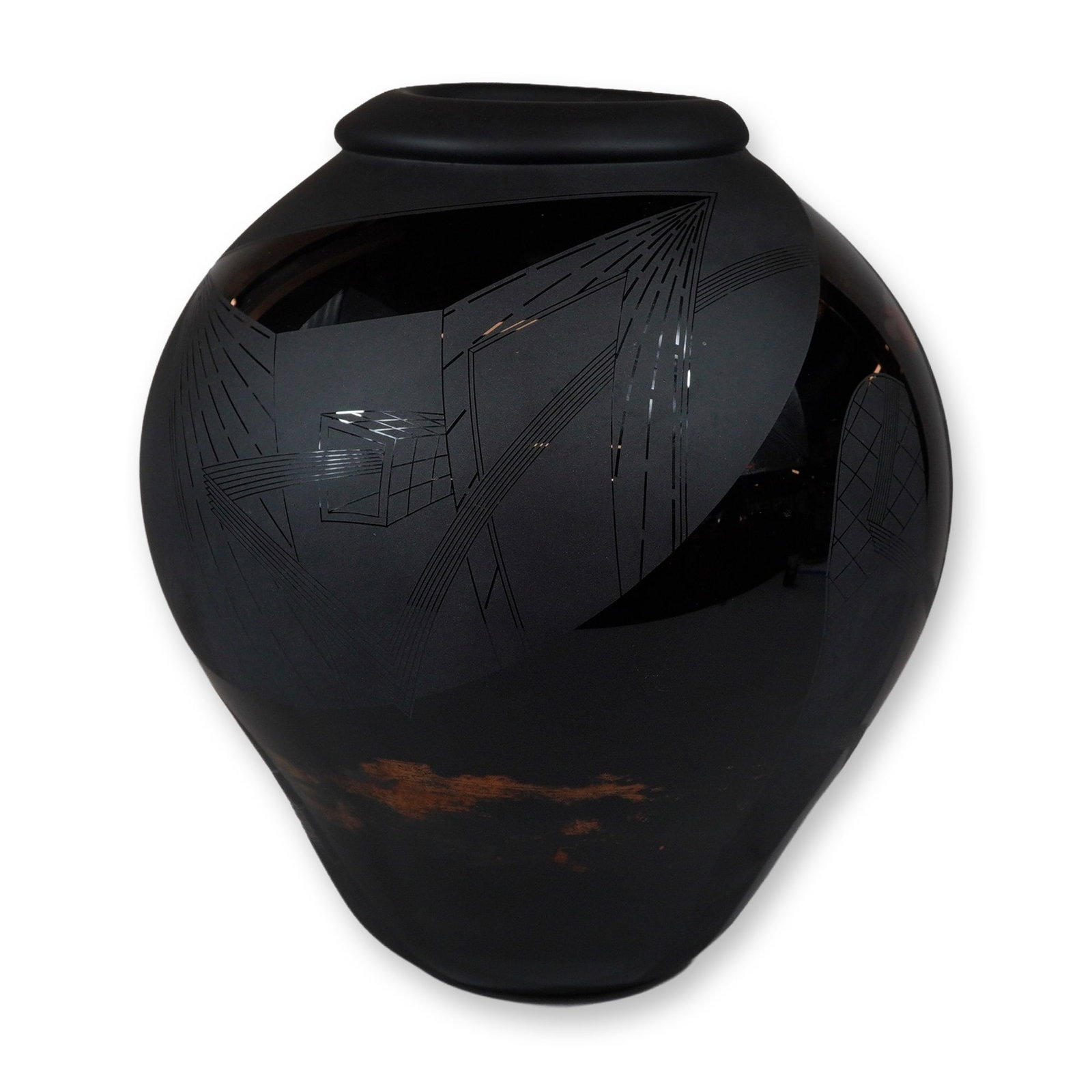 W. Stephen Hodder Studio Glass Vase, 1982: A large studio glass vessel by American artist W. Stephen Hodder (born 1951). This blown black glass vase features a globular form and a sophisticated interplay of surface textures. The body is primar