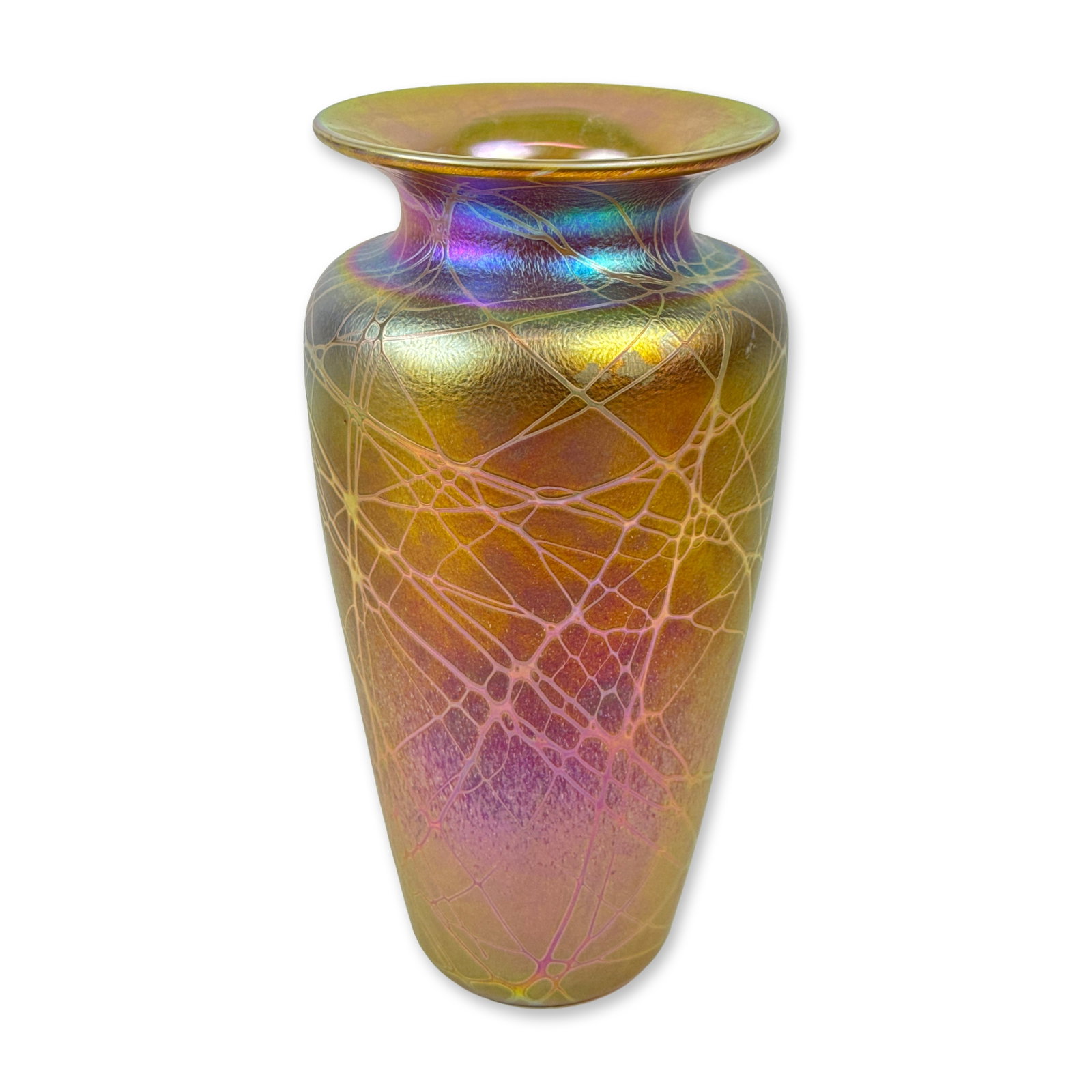 Abelman Art Glass Iridescent Webbed Vase: Contemporary studio art glass vase featuring a tapered ovoid form and flared rim. The vessel displays a vibrant gold iridescent finish with shifts to purple and blue at the neck, decorated with an app