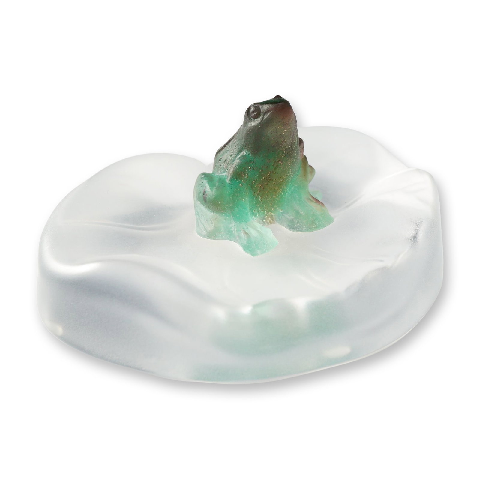 Daum Pate-de-Verre Art Glass Frog and Lily Pad Crystal Paperweight: This art glass frog crystal paperweight features a pate-de-verre frog figure perched on a frosted crystal lily pad base. The frog is rendered in variegated shades of green and amber with a textured su