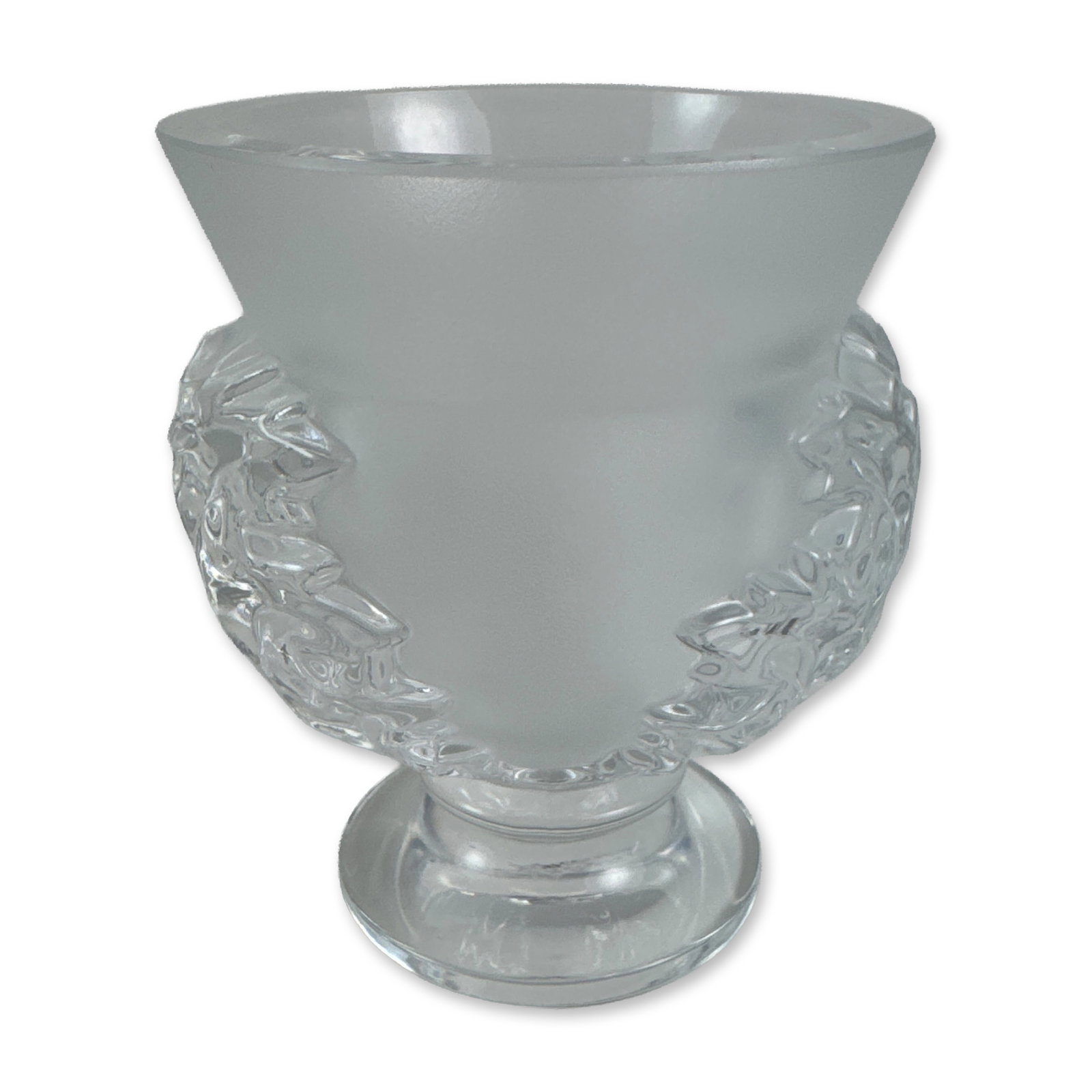 Lalique France Saint-Cloud Frosted Crystal Vase: Footed vase in frosted and clear lead crystal. The vessel features a flared satin-finish bowl transitioning to a deep relief molded band of acanthus leaves, supported by a polished circular foot. Sign