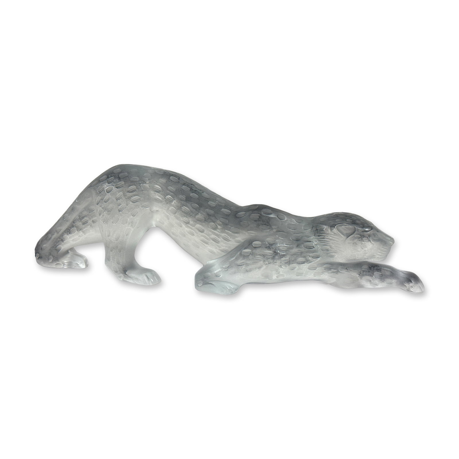 Lalique Zeila Frosted Crystal Panther Sculpture: Designed by Marie-Claude Lalique. The piece depicts a panther in a low, prowling pose, featuring a satin-finished surface with molded, recessed circular spots and polished accents. Engraved cursive si
