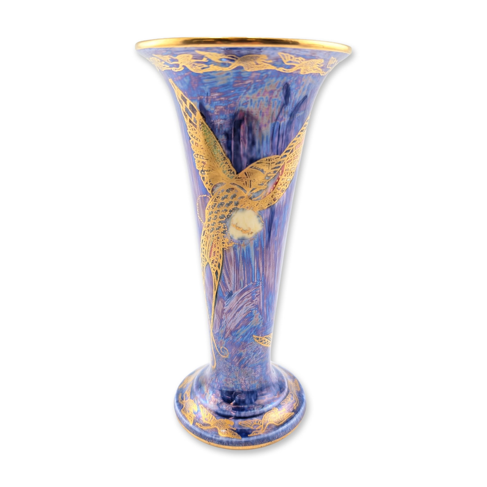 Wedgwood Lustre Trumpet Vase, Hummingbird Z5294: The exterior is finished in mottled blue and purple iridescent luster glazes, decorated with finely detailed gilded hummingbirds in flight. The interior flared rim displays a mottled orange flame lust