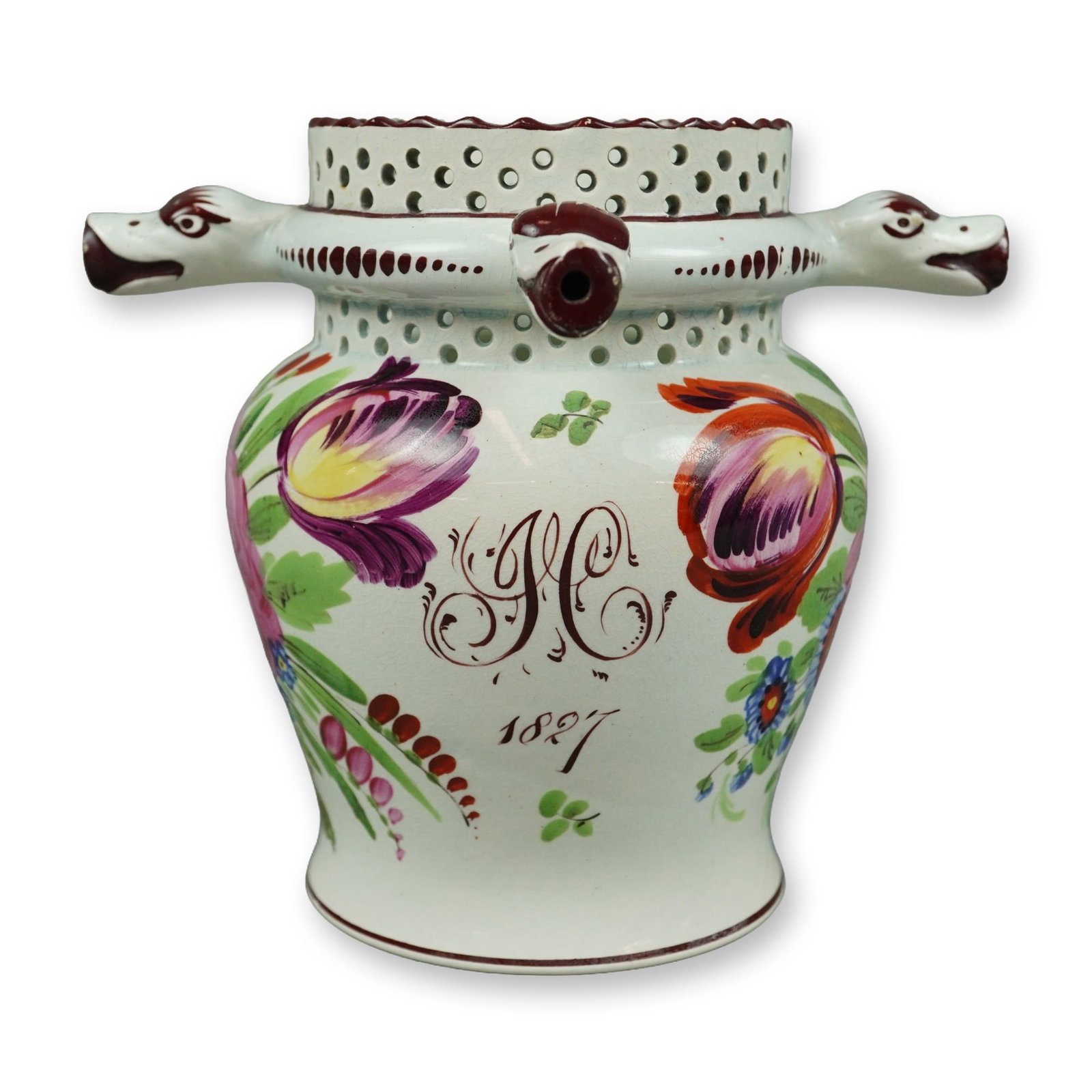 English Hand-Painted Earthenware Puzzle Jug, Dated 1827 (1 of 3)