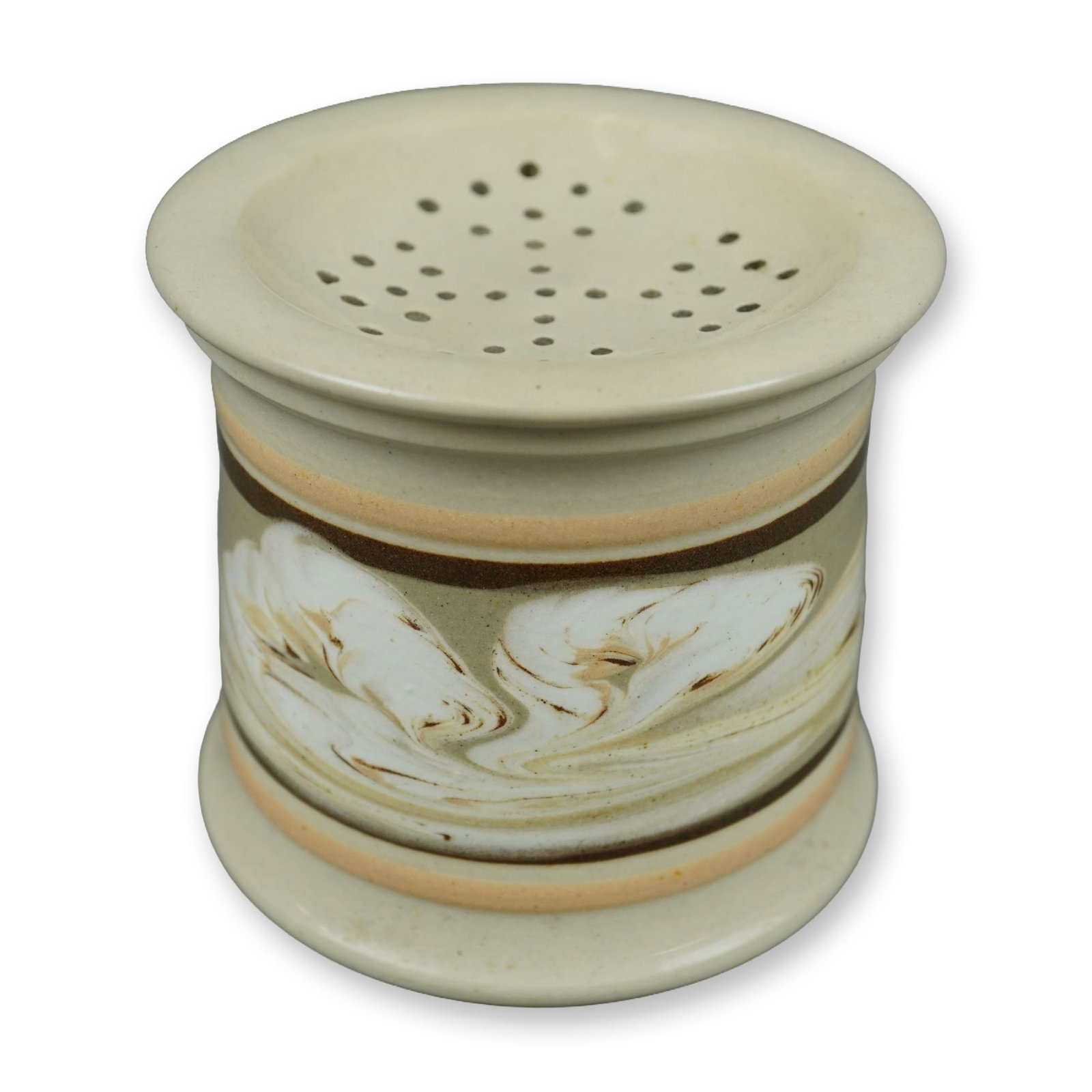 English Slip-Decorated Earthenware Sander, circa 1820: An early 19th-century English slip-decorated earthenware sander, also referred to as a pounce pot. The vessel is of cylindrical form with a flared rim and base. The top surface is slightly recessed an