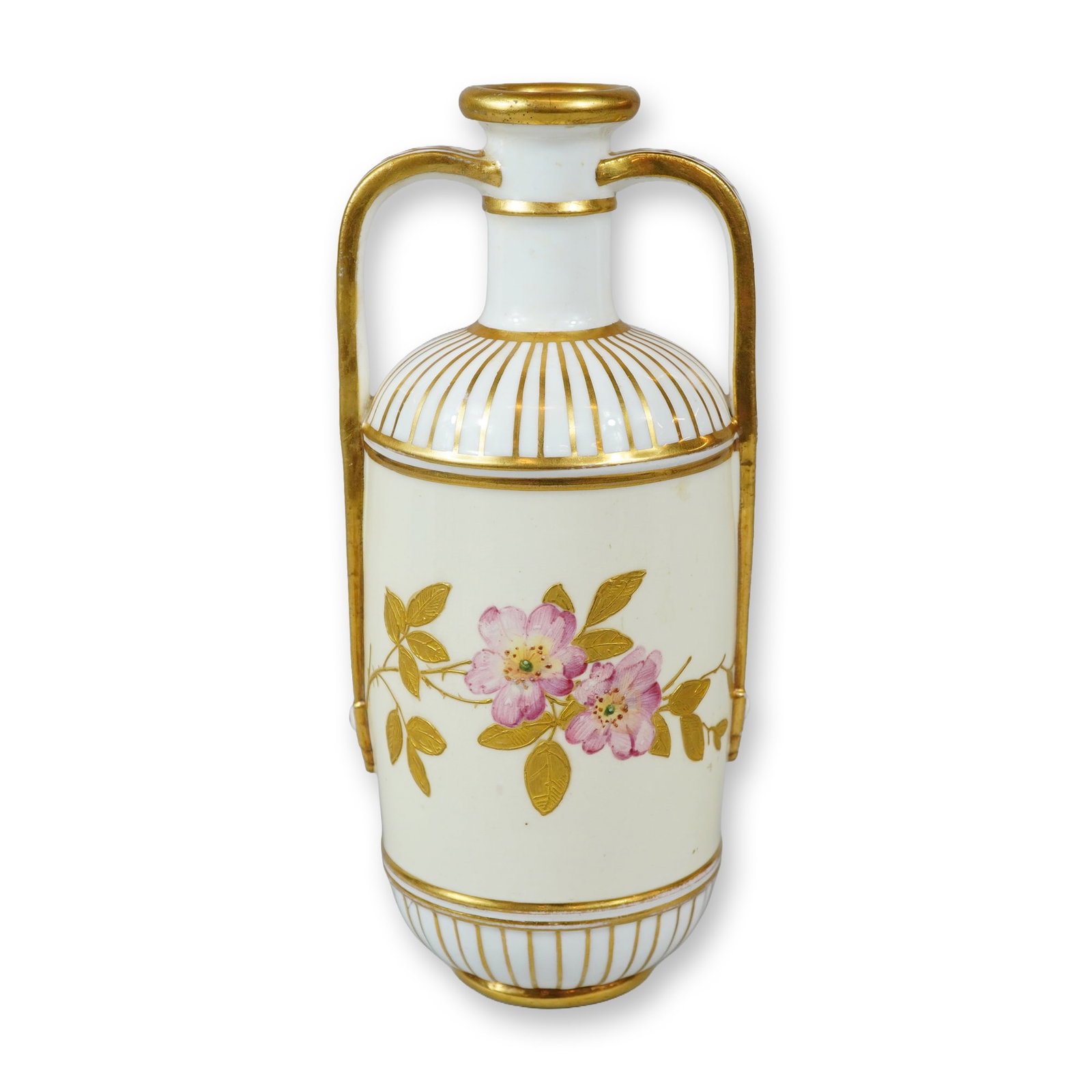 Antique Hand-Painted Porcelain Twin-Handled Vase Attributed to Royal Worcester: A porcelain twin-handled vase of slender amphora form, attributed to Royal Worcester based on form and decoration. The white glazed body features a central hand-painted spray of pink wild roses, accen