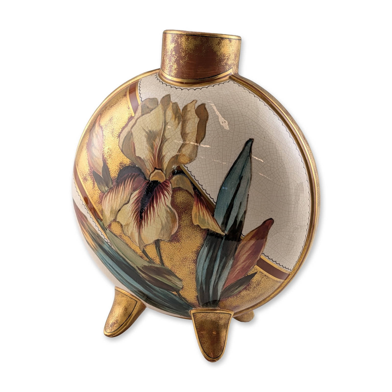 Hand Painted Gilded Ceramic Floral Motif Moon Flask: The flattened circular body is supported by four conical feet and topped with a short cylindrical neck. Hand-painted decoration features asymmetrical botanical themes, with one side depicting a large 