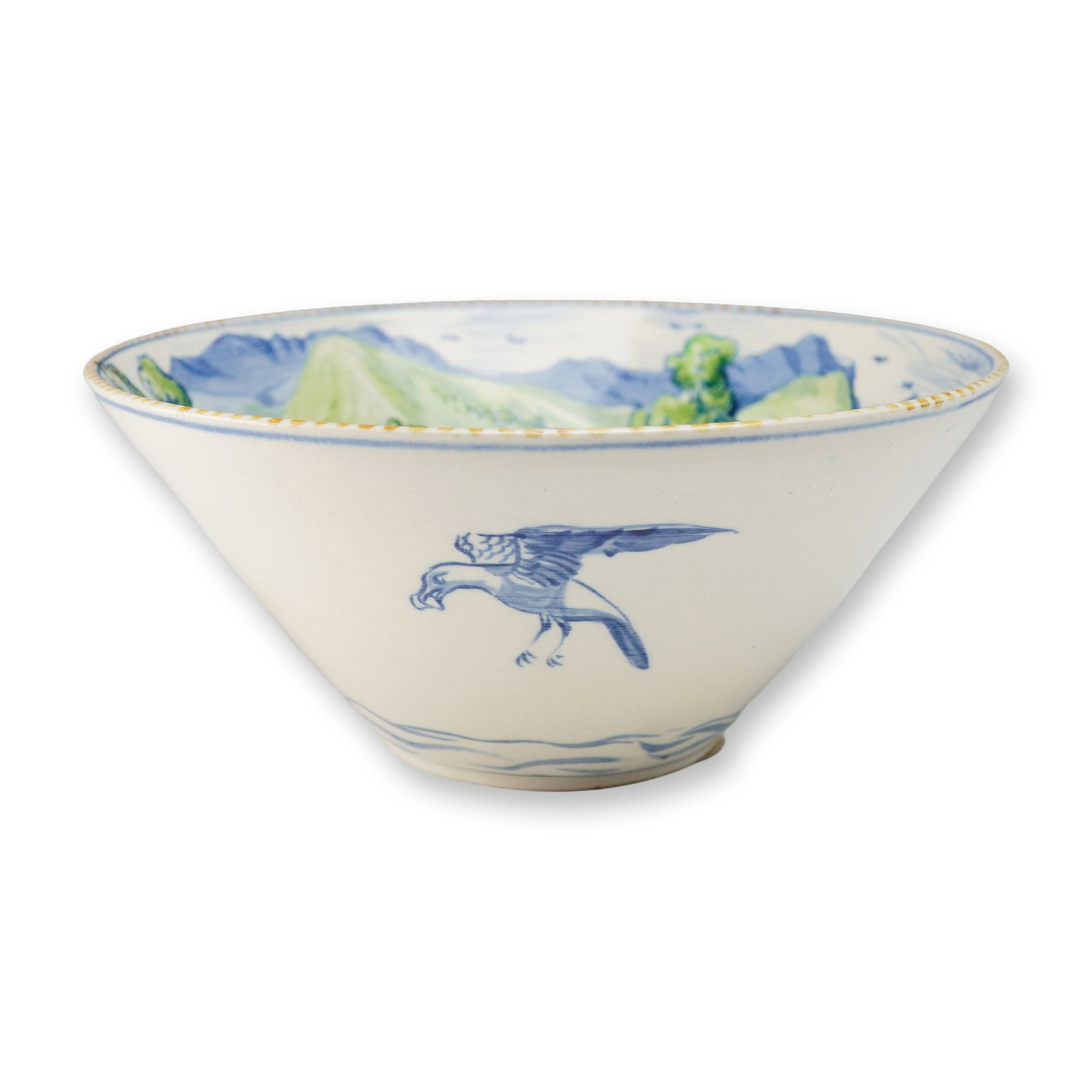 Wedgwood Earthenware Bowl Decorated by Alfred Powell: A hand-painted studio earthenware bowl by Wedgwood, decorated by Alfred Powell. The conical, flared form features a small, slightly raised foot. The interior is decorated with a continuous, painterly 