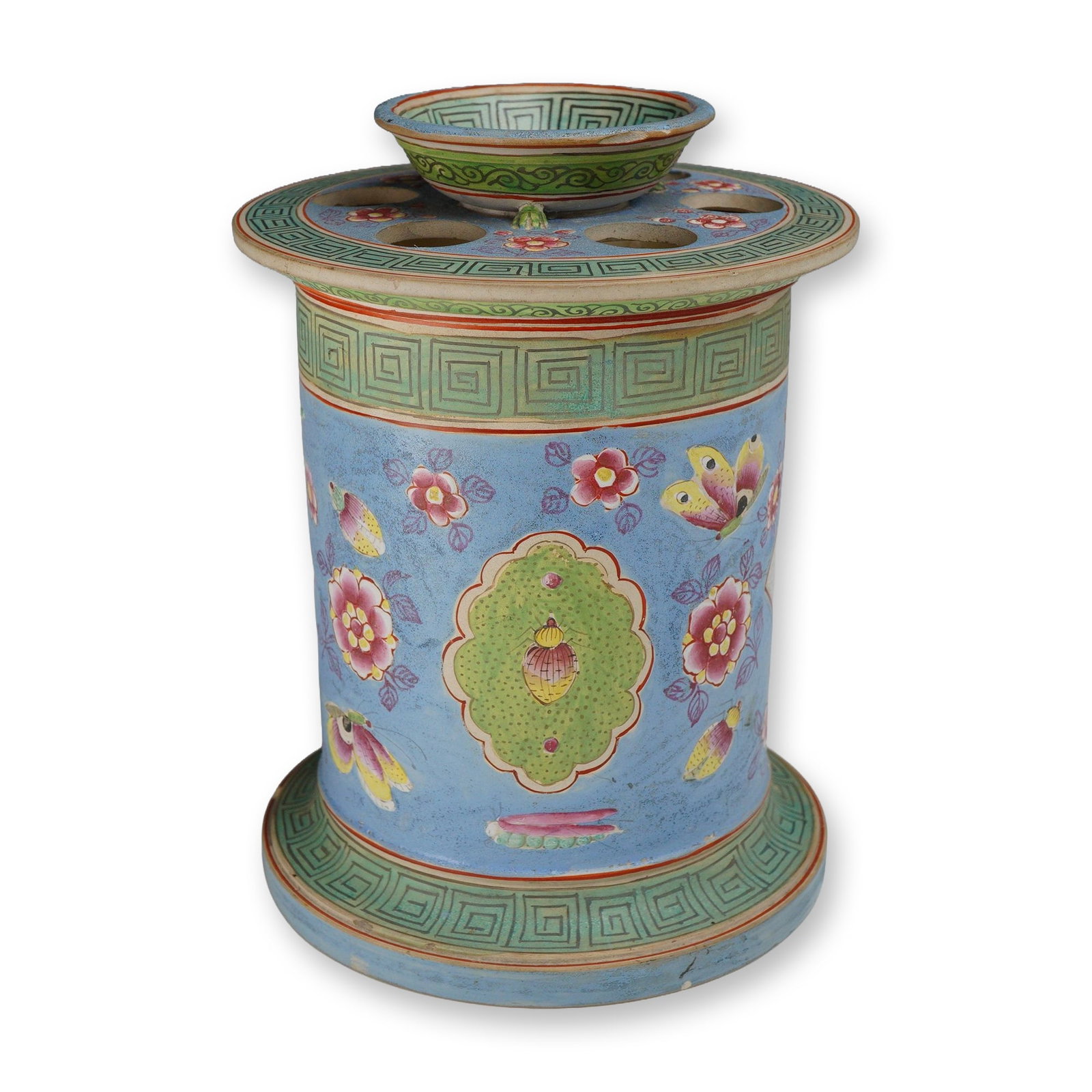 Wedgwood Earthenware Tulipiere in the Butterfly Bloom Pattern: This late 19th-century Wedgwood earthenware bulb pot or tulipiere is decorated in the Butterfly Bloom pattern, reflecting a Victorian Chinoiserie aesthetic. The object is of cylindrical form with a fl