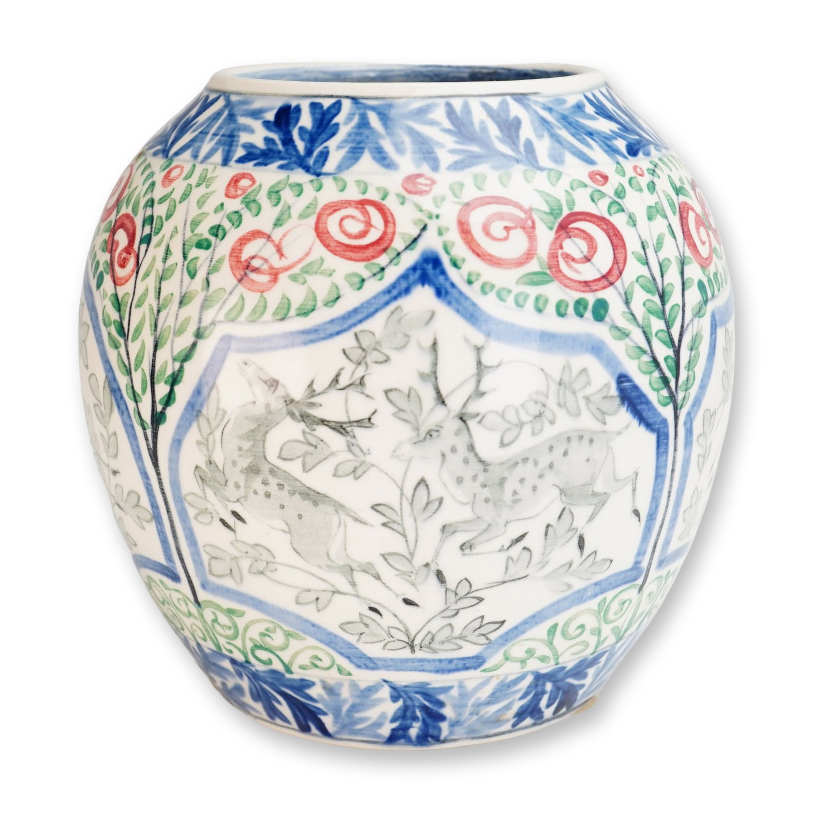 Alfred Powell for Wedgwood Hand-Painted Ceramic Stag Vase, circa 1925: This hand-painted ceramic vase was designed and decorated by Alfred Powell (1865"1960) for Wedgwood. The vessel is crafted from white earthenware, likely the Wedgwood Queensware body, and features an 