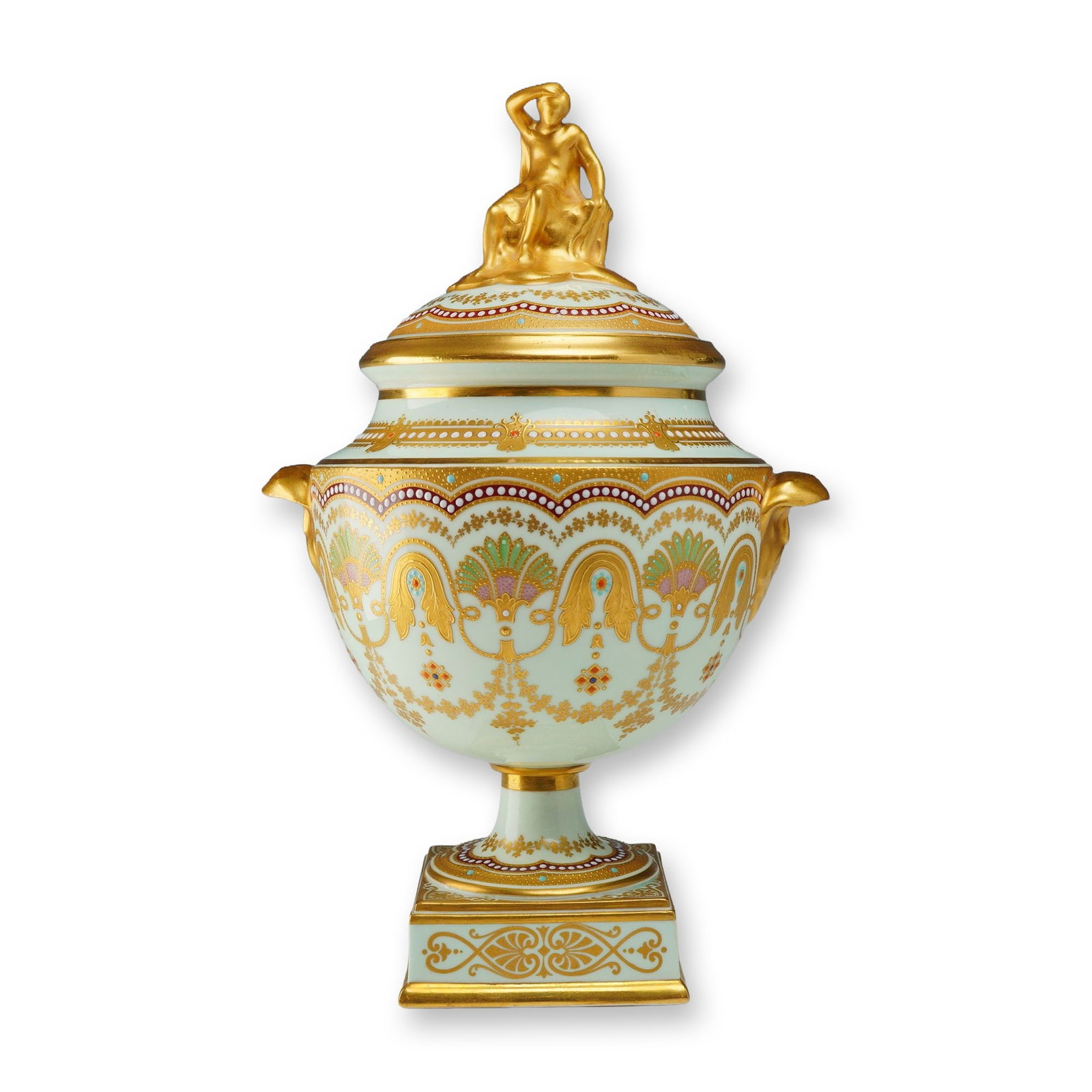 Wedgwood Gilded and Jeweled Victoria Ware Lidded Urn, circa 1880: This late 19th-century Wedgwood Victoria Ware covered urn is constructed of fine porcelain with a pale celadon green ground. The ovoid body is set upon a tiered square pedestal base and is flanked by 