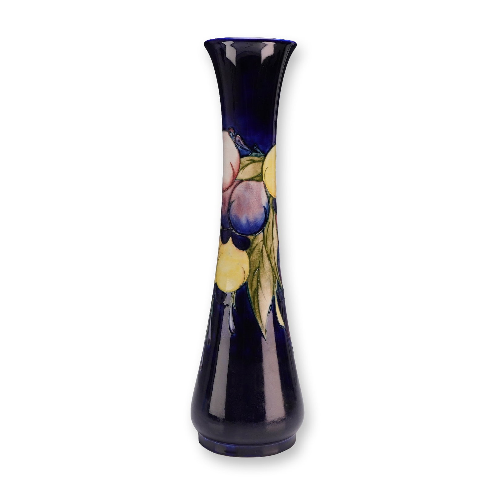 Moorcroft Pottery Vase, Wisteria: This vessel features a tall, slender form with a flared rim. The exterior is decorated using tube-lined and hand-painted techniques, depicting stylized wisteria in shades of red, purple, yellow, and g
