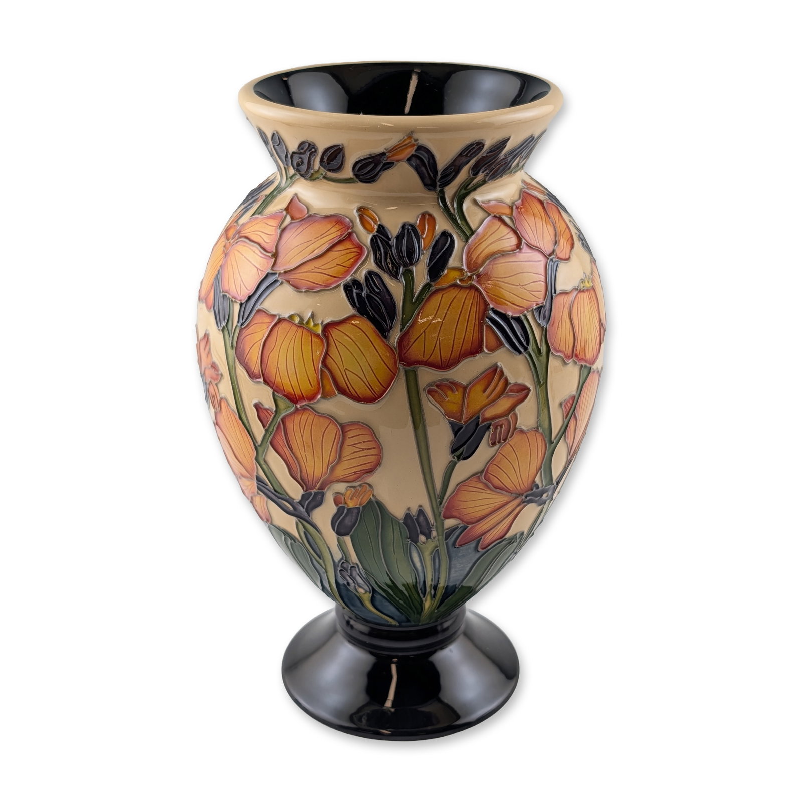Moorcroft Pottery by Paul Hilditch Vase, Gillies: Earthenware vase featuring tube-lined floral decoration of orange and yellow poppies with dark stems and buds on a cream ground. The ovoid body terminates in a flared rim with a dark interior and sits