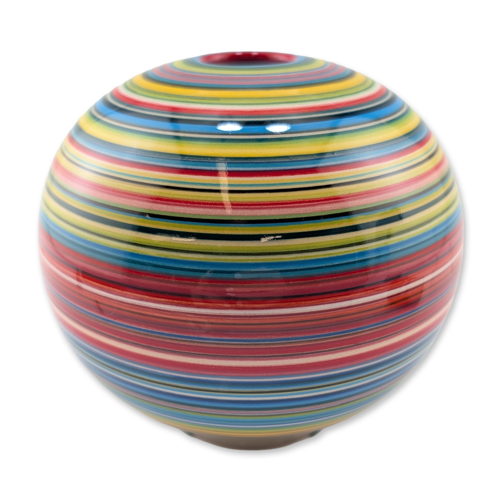 Dennis Chinaworks Striped Ceramic Orb Vase: Orb-form ceramic vessel produced in 2017, featuring horizontal multicolored bands in a spectrum of red, yellow, blue, green, and black. The piece is finished with a high-gloss glaze and includes a dee