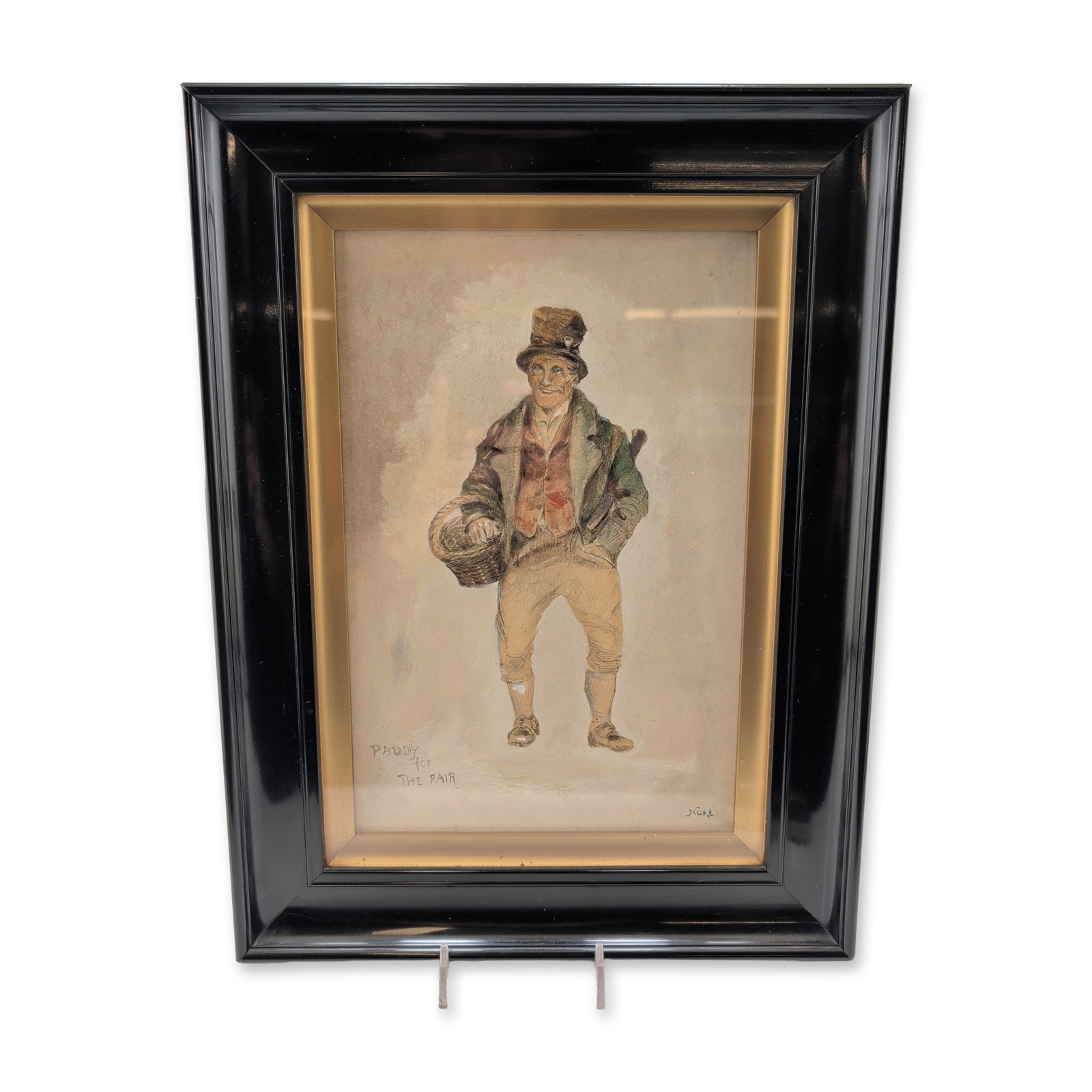 Rare Framed Charles Noke (English, 1858-1941) Water Color Painting on Paper, Paddy for the Fair: 19th-century genre caricature in watercolor and ink with gouache highlights on paper, titled PADDY for THE FAIR at the lower right. The work depicts a jovial figure in tattered period dress featuring 
