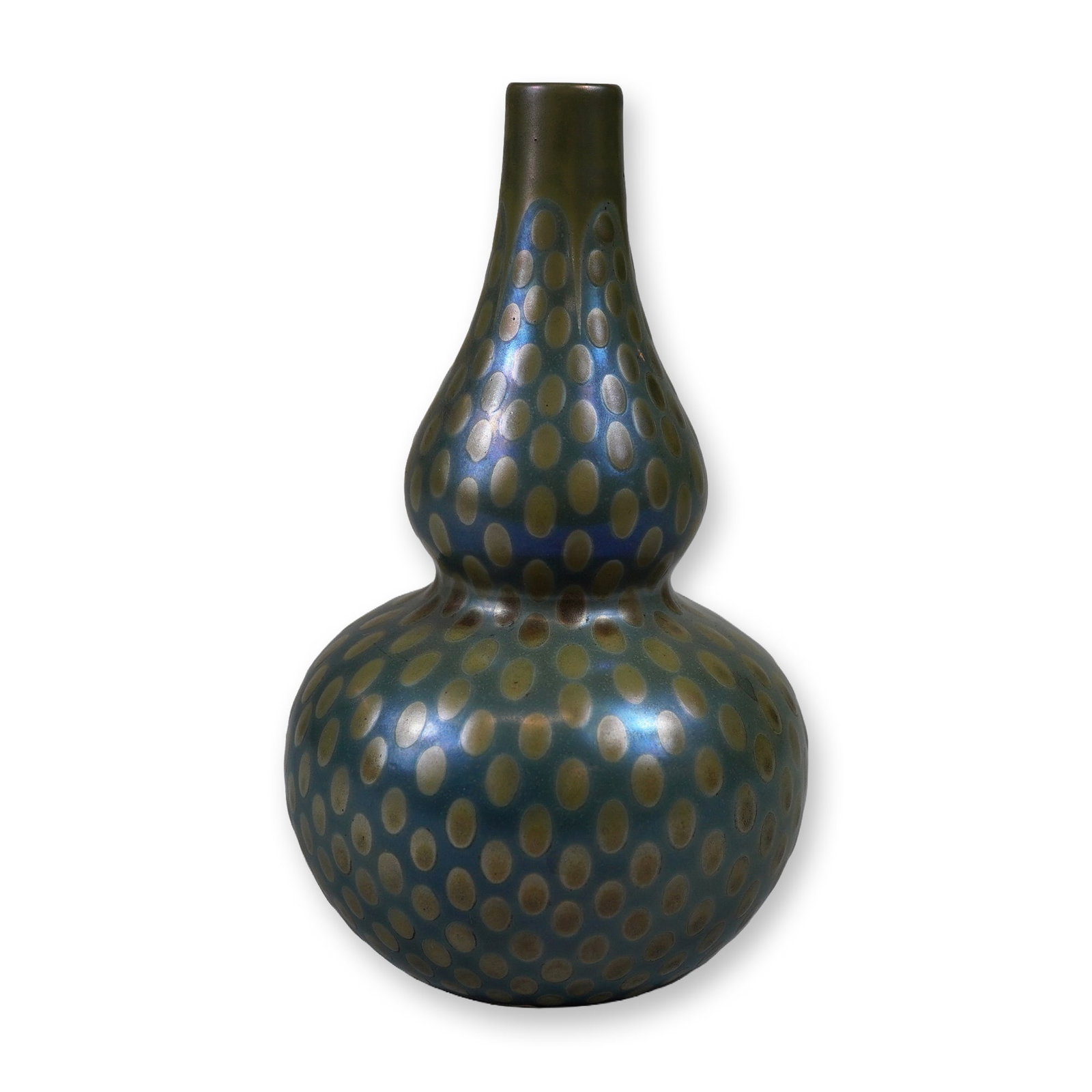 Royal Doulton Sung Flambe Lustre Double-Gourd Vase: A Royal Doulton ceramic vase in a double-gourd form featuring a Sung Flambe Lustre glaze. The body is decorated with an iridescent blue and purple glaze accented by a dense pattern of bronze-gold tear