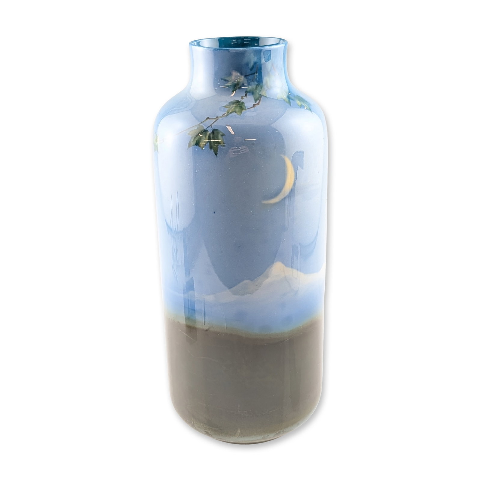 Royal Doulton by F. Henri Titanian Ware Nocturnal Landscape Vase: Titanian porcelain vase in a cylindrical form with rounded shoulders and a short neck. The hand-painted decoration features an atmospheric nocturnal landscape with distant snowy mountain peaks and a p