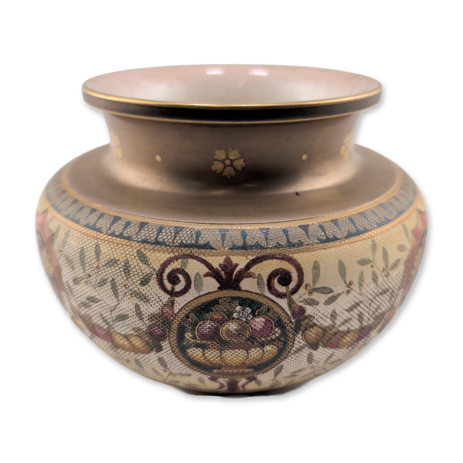 Doulton Burslem England Lace Ware Ceramic Vase: A squat, bulbous earthenware vessel featuring a wide neck and flared rim. The body is decorated using the Chine technique with a lace-pressed textured ground, inset with circular medallions containing