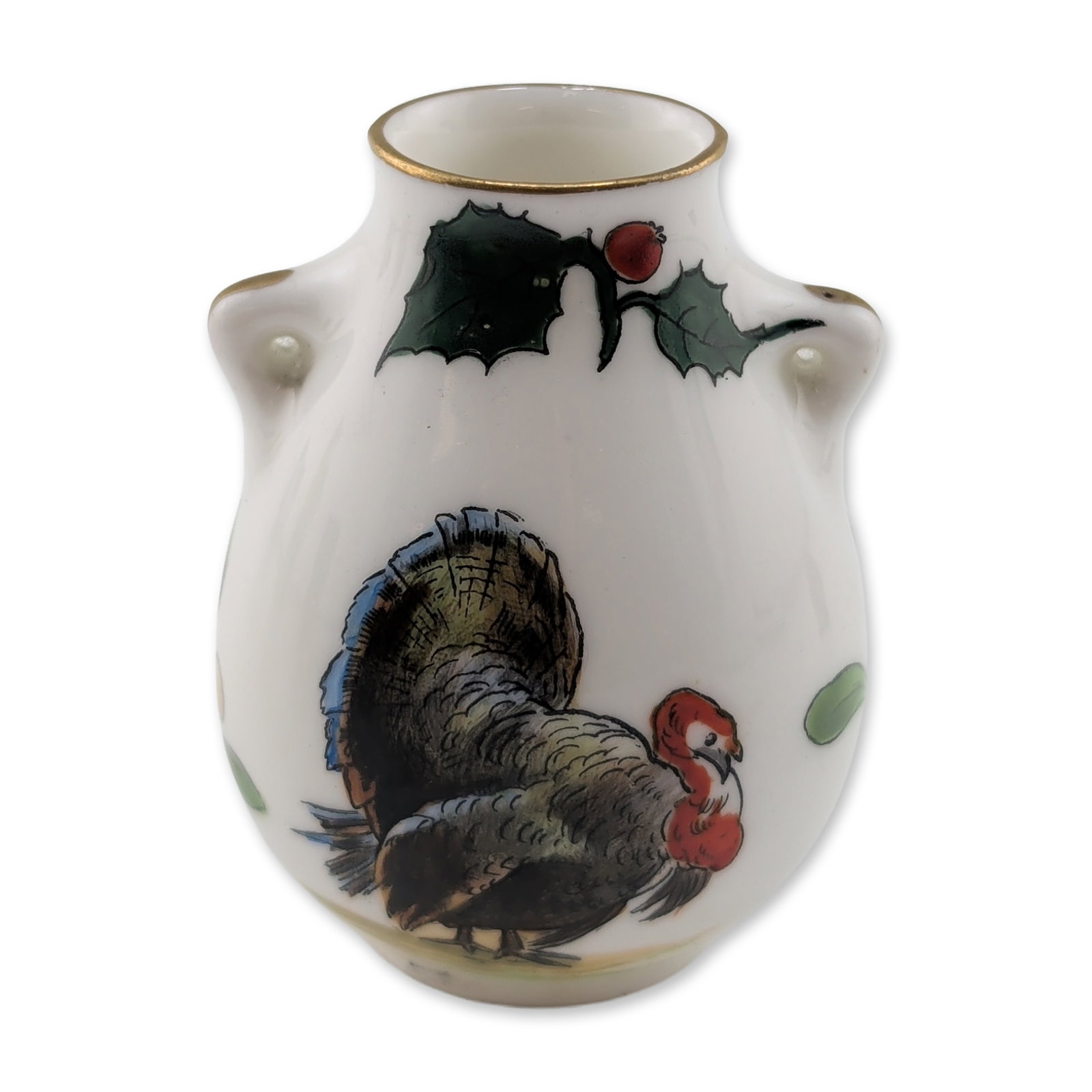 Royal Doulton Miniature Turkey Vase: Featuring two small integral lug handles and a short flared neck. The exterior is decorated with transfer-printed and hand-colored seasonal motifs, including a turkey with colorful plumage, sprigs of 