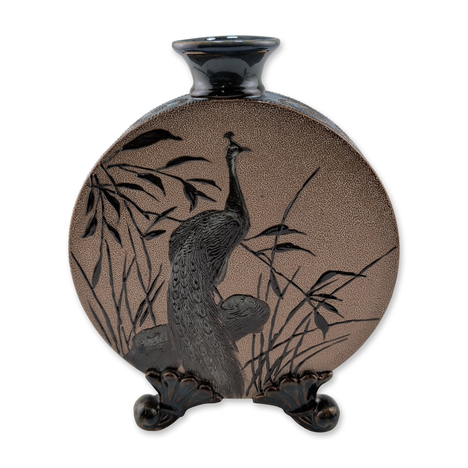 Doulton Lambeth by Hannah Barlow and Florence Barlow Rare Stoneware Bird and Cat Moon Flask: Stoneware moon flask of circular, flattened form standing on four scrolled feet. One primary face features a pate-sur -pate peacock amidst bamboo stalks on a textured sharkskin ground, finished in a d