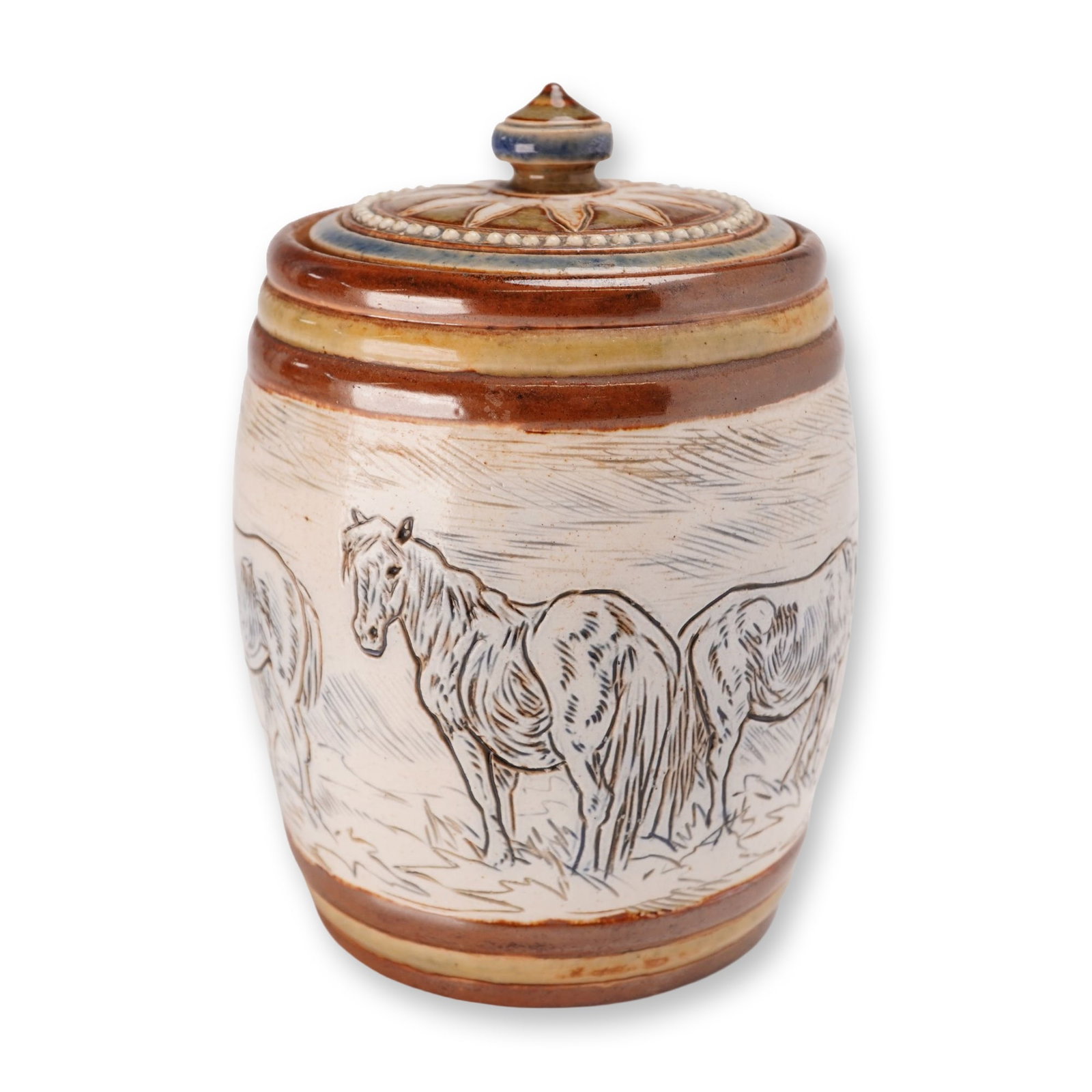 Doulton Lambeth Hannah Barlow Stoneware Horse Motif Lidded Biscuit Barrel: Lidded jar in salt-glazed stoneware, featuring sgraffito horse studies by artist Hannah Barlow. The barrel-shaped body depicts horses in a landscape between horizontal bands of brown and ocher glaze. 