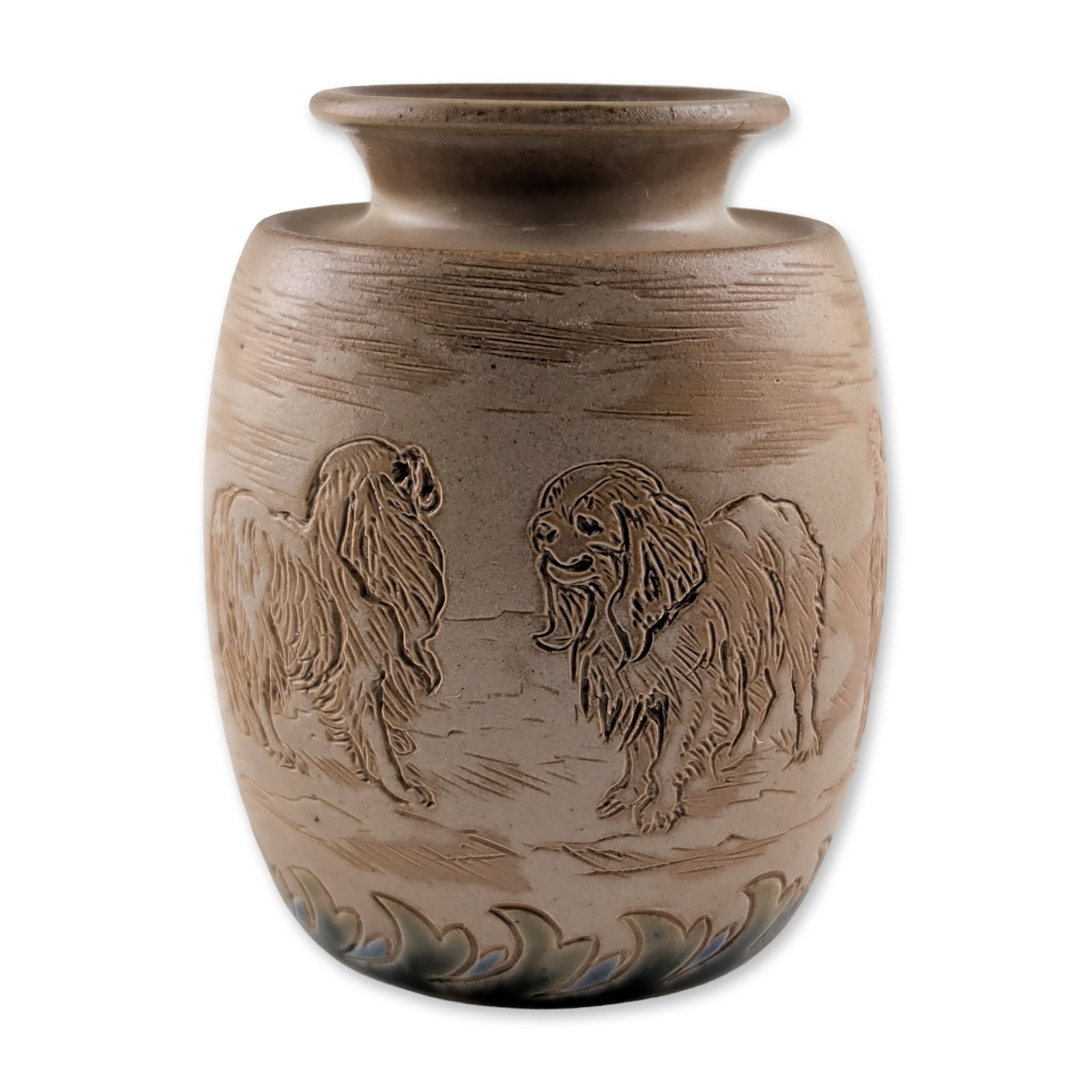 Royal Doulton by Hannah Barlow Rare Dogs and Cats Stoneware Vase: A bulbous stoneware vase featuring sgraffito decoration. The matte tan stoneware body is hand-incised with imagery of a single cat surrounded by dogs set within a stylized landscape. The base is detai
