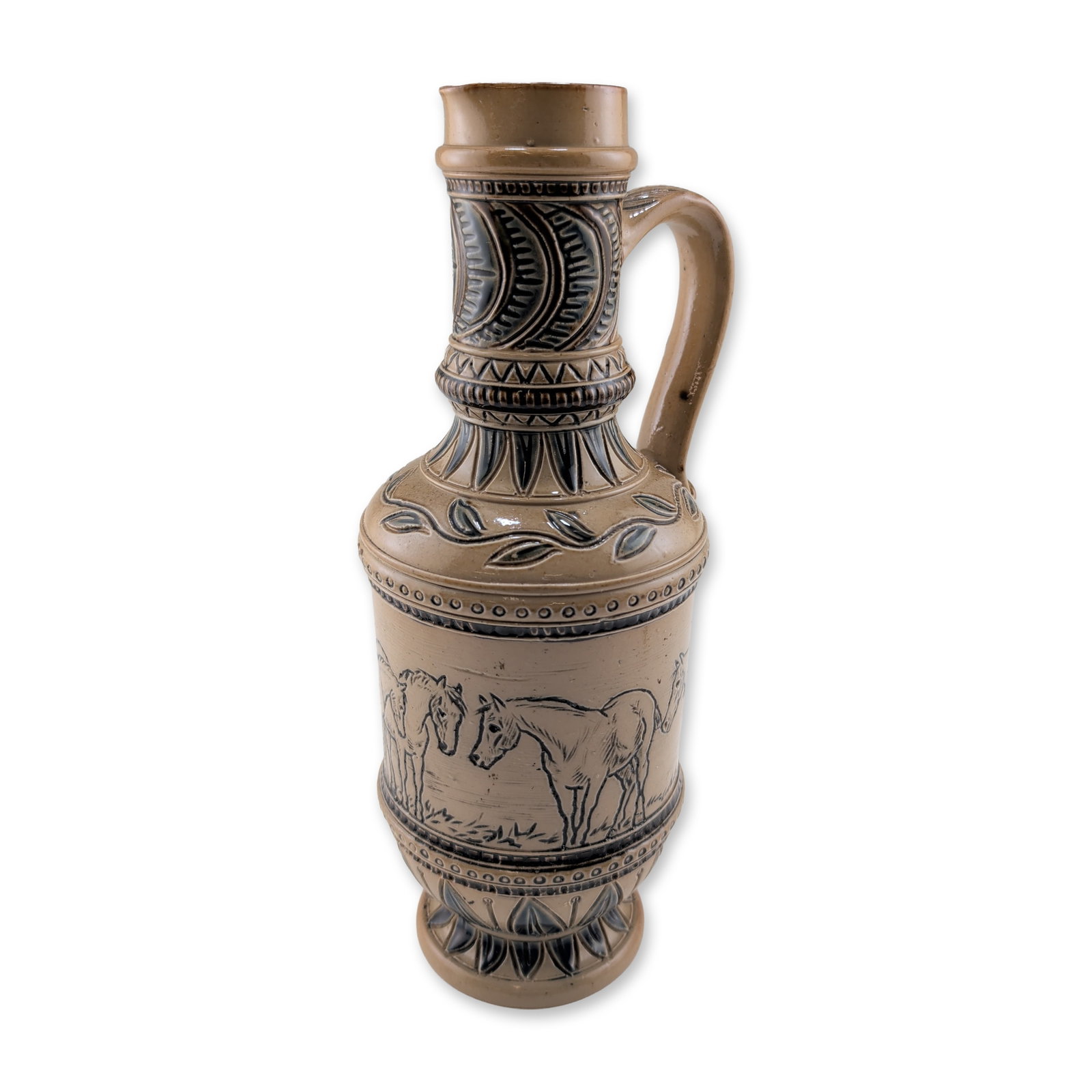 Doulton Lambeth by Florence Barlow Stoneware Horse Grazing Motif Jug: The vessel features a central frieze with sgraffito-style incised decoration of horses in a pasture setting, executed in dark tones against a buff ground. The tapered shoulder, neck, and footed base a