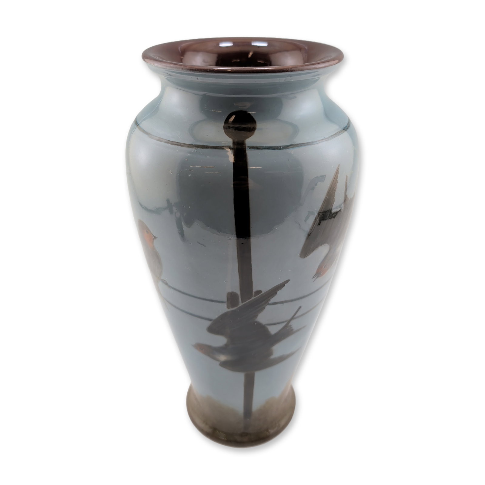 Royal Doulton by Florence Barlow Stoneware Bird Motif Vase: Ovoid form with flared rim, decorated with hand-painted birds perched on a dark horizontal wire against a matte blue-grey ground. Design includes a dark glazed rim and a central horizontal band. Marke