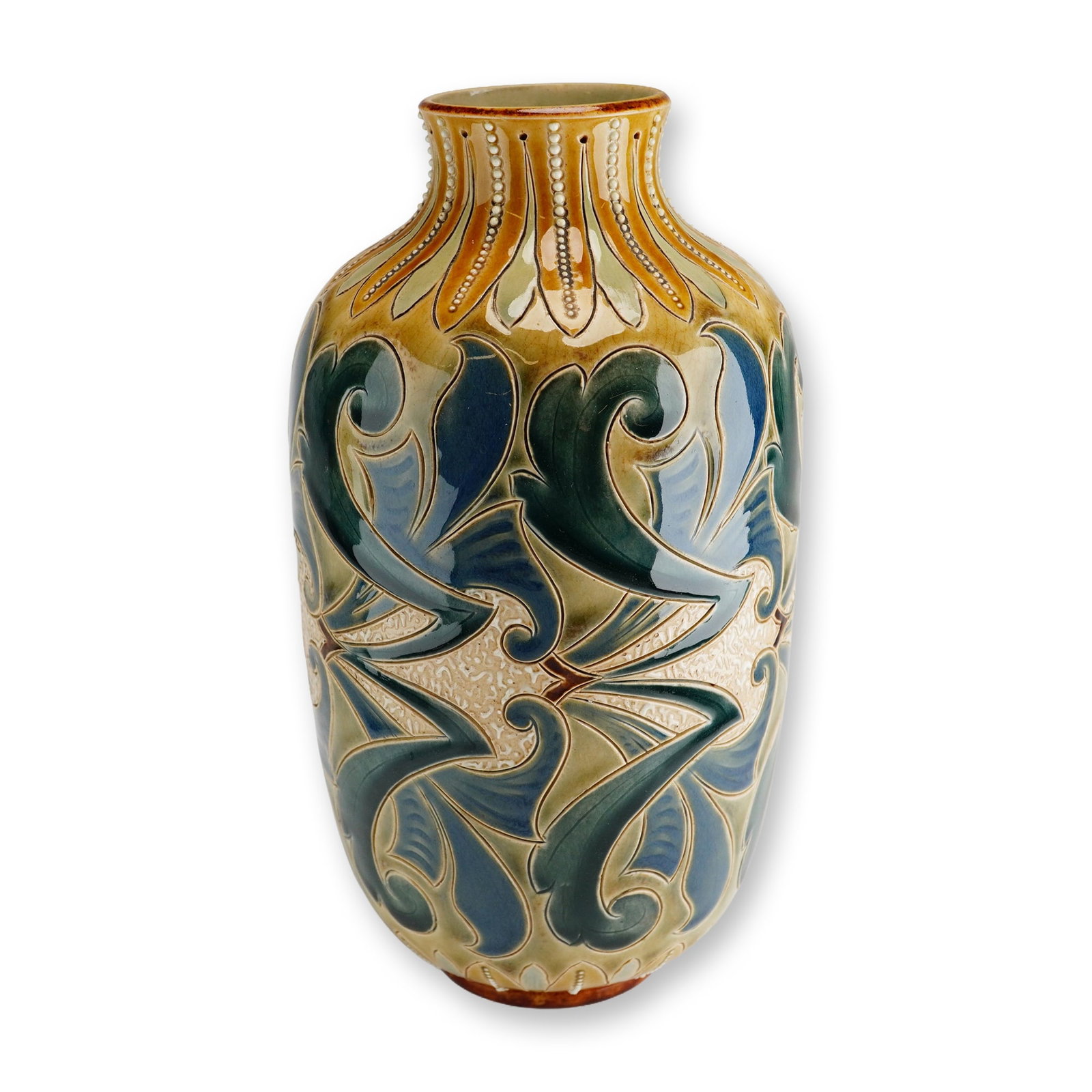 Doulton Lambeth by Emily E. Stomer Stoneware Vase: A small barrel-shaped vase with a short neck and narrow opening. Decorated in an Art Nouveau foliate design with incised detailing and white beaded relief accents, rendered in shades of brown, green, 