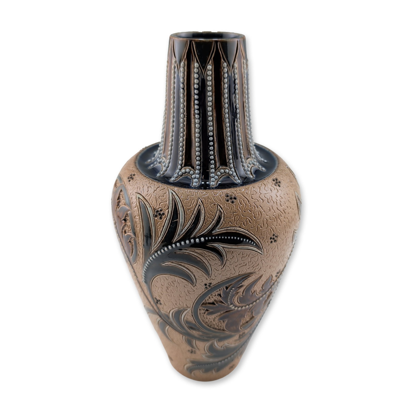 Doulton Lambeth Edith Lupton Stoneware Foliate Motif Vase: Featuring an ovoid body and a short, flared, lobed neck. The hand-decorated exterior displays incised scrolling foliate and floral motifs filled with dark blue and brown glazes against a textured, buf